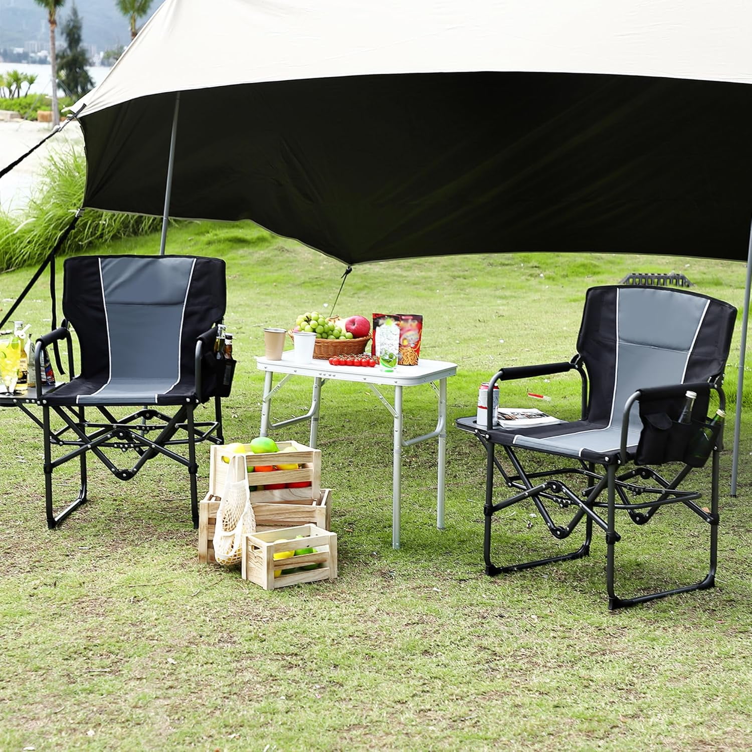 Acekid Heavy Duty Oversized Camping Chair with Side Table and Storage Pocket (Black, 400 lb Capacity) rdt2l