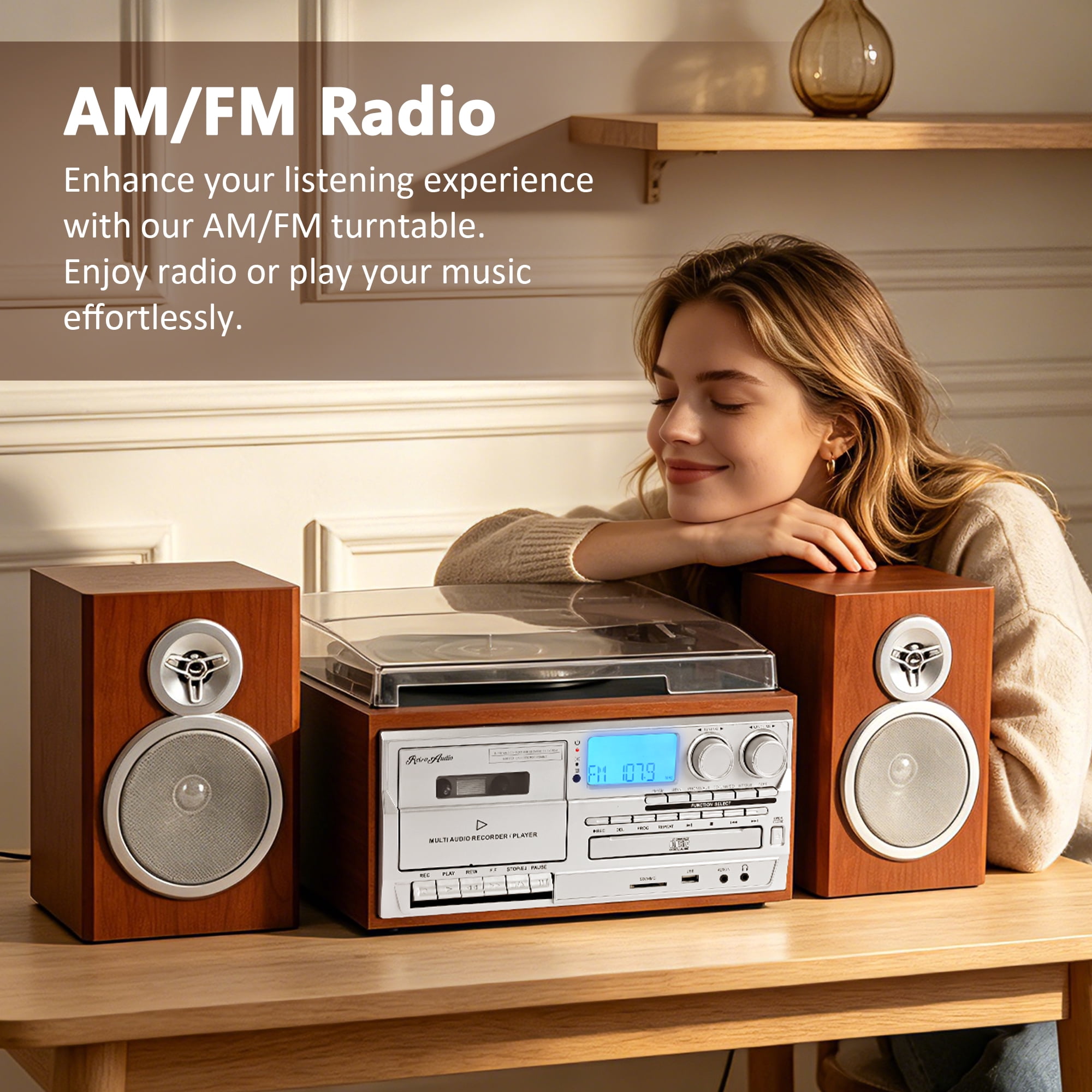 RetroAudio 10-in-1 Vintage Turntable System with Dual External Speakers, Bluetooth Connectivity, CD and Cassette Player (Brown) ltp6i
