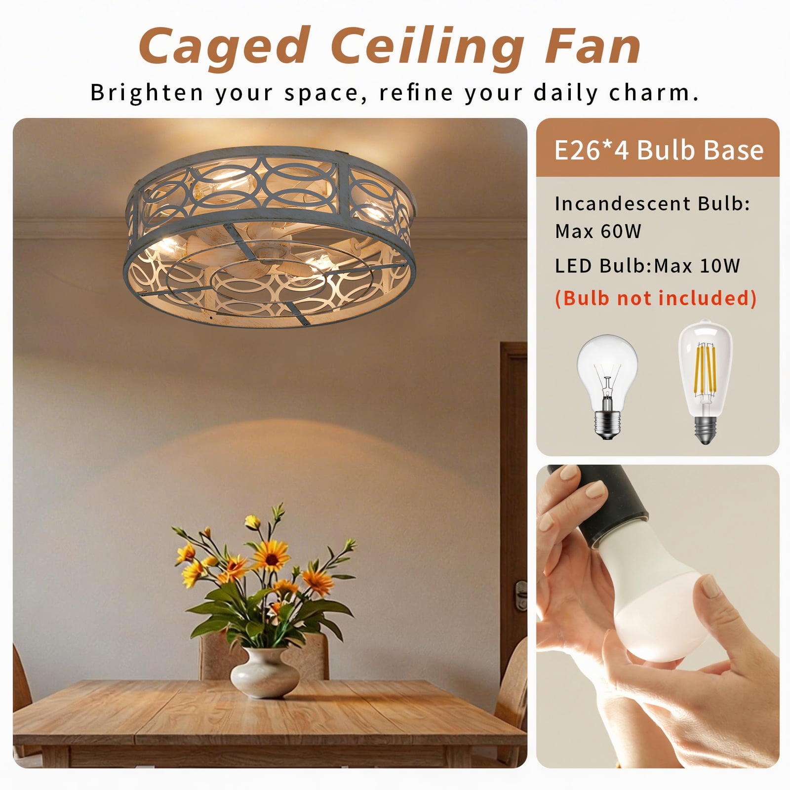 RJFKSNC Caged Ceiling Fan with Lights and Remote, Flush Mount Low Profile Indoor Fan for Bedroom and Kitchen (20 in) u7bzq