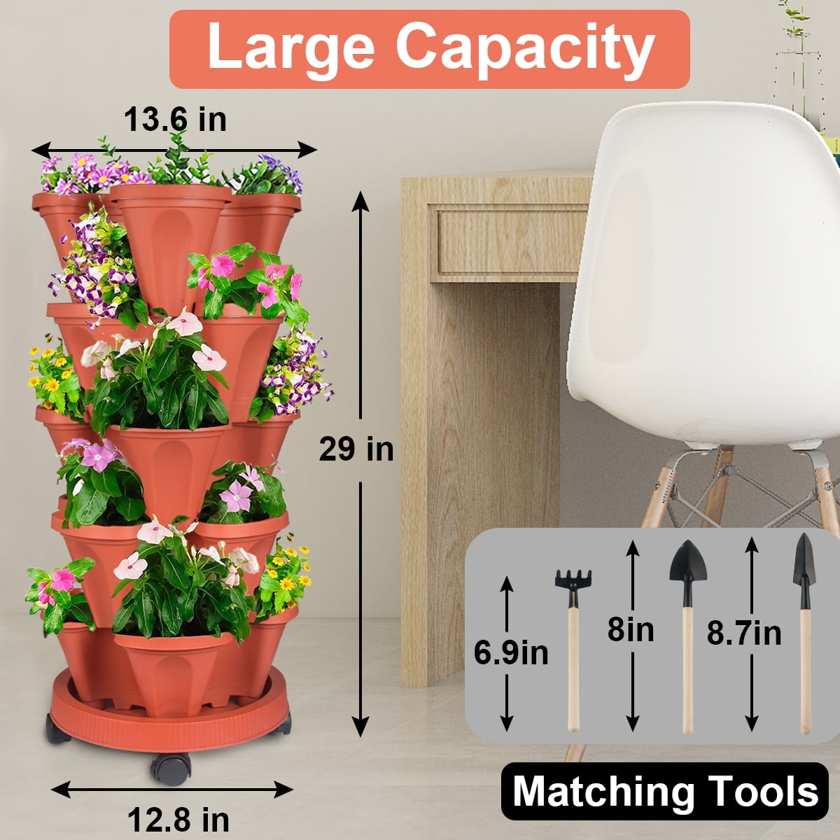 Gamexcel 5 Tier Vertical Garden Stackable Planter with Wheels and Gardening Tools (Red, 5 Tier) 4v7xm