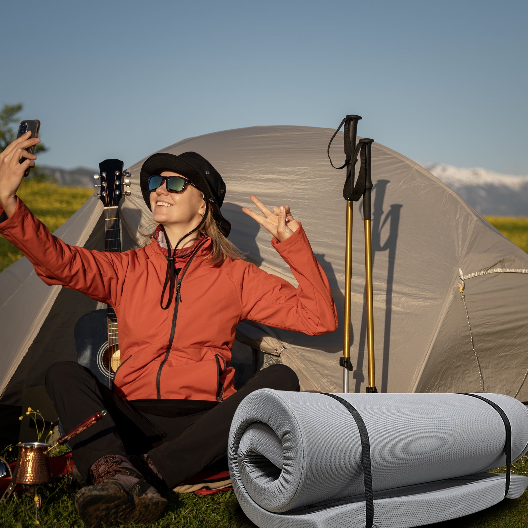 Yoneston Memory Foam Camping Mattress Pad, Portable Roll-Up Sleeping Mat for RV SUV Tent (Gray, 75 in x 30 in x 4 in) r1pdv
