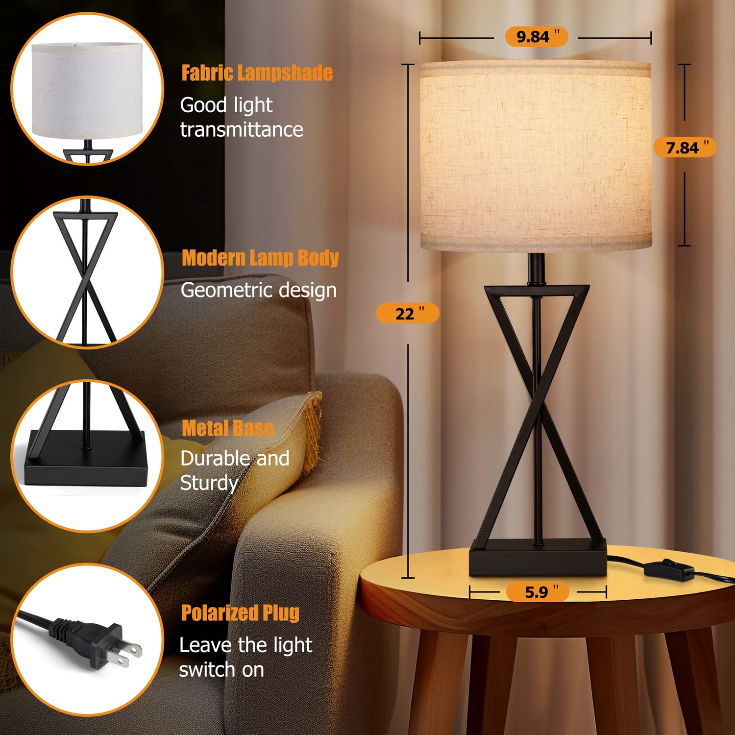 Walchoice Modern Table Lamp, Minimalist Bedside Desk Lamp with Linen Shade (Matte Black, 15 in) 8ly8o