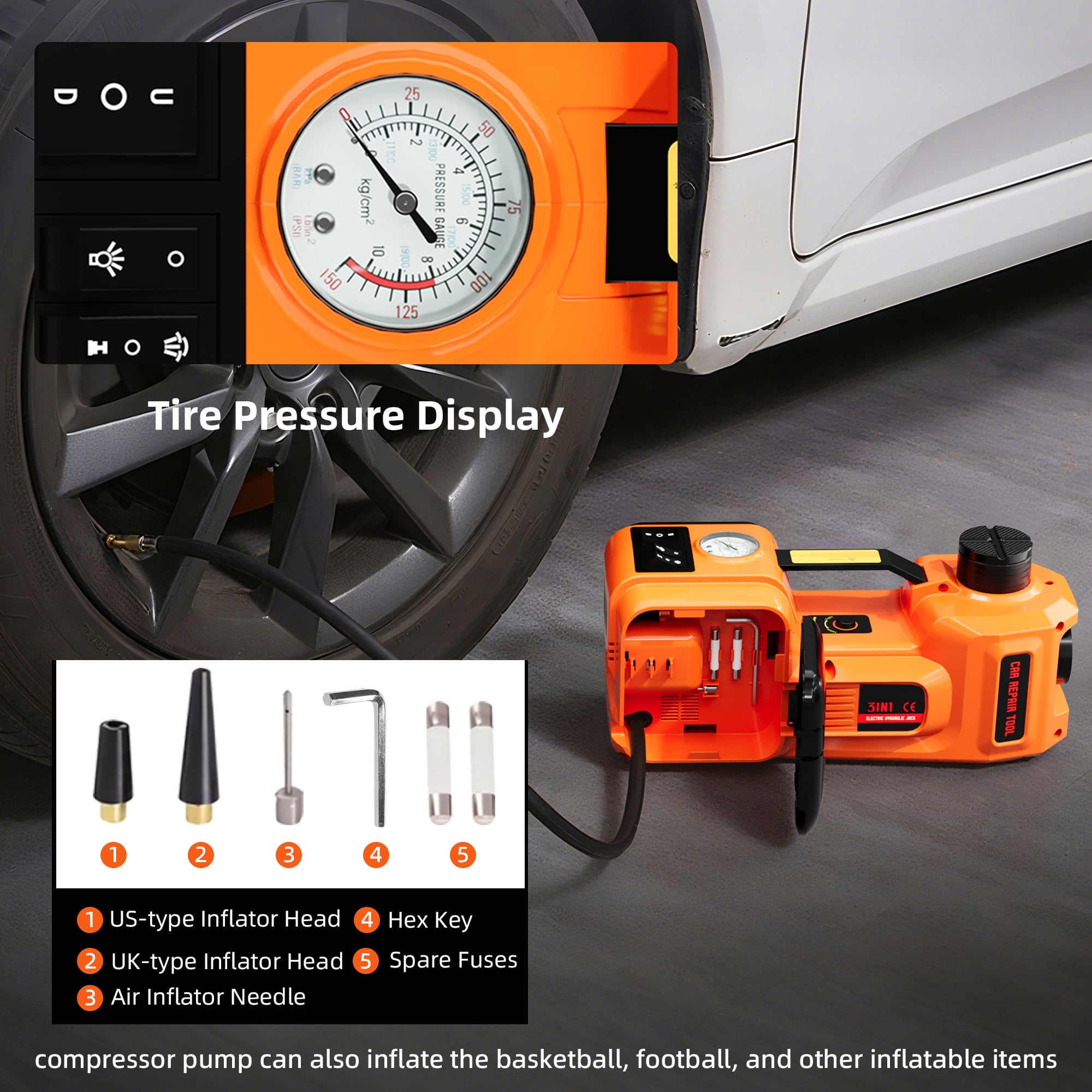 SZTAA Electric Hydraulic Car Jack with Air Compressor and Emergency Hammer (Orange, 5 Ton Capacity) 0wnmf