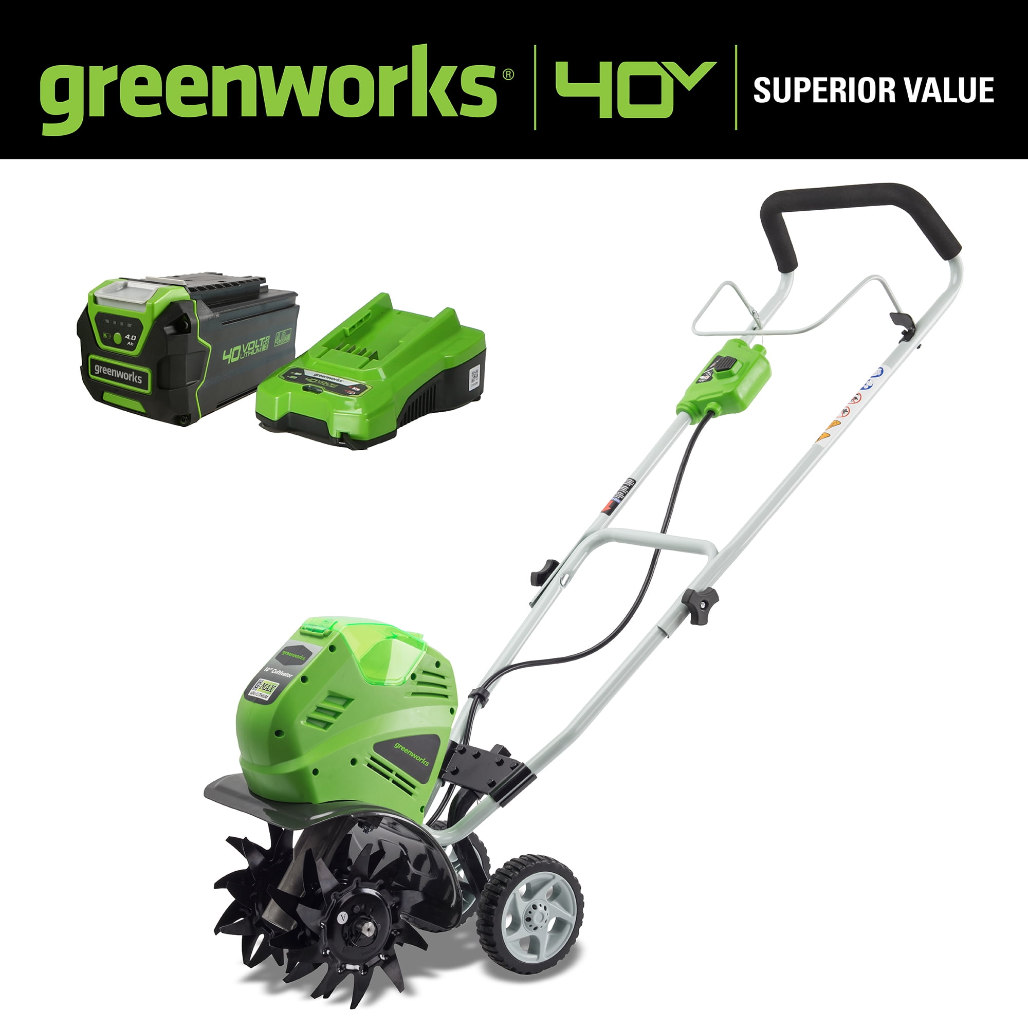 Greenworks 40V Cordless Cultivator and Tiller with 4.0Ah Battery and Charger (Green, 10 in) adbmh