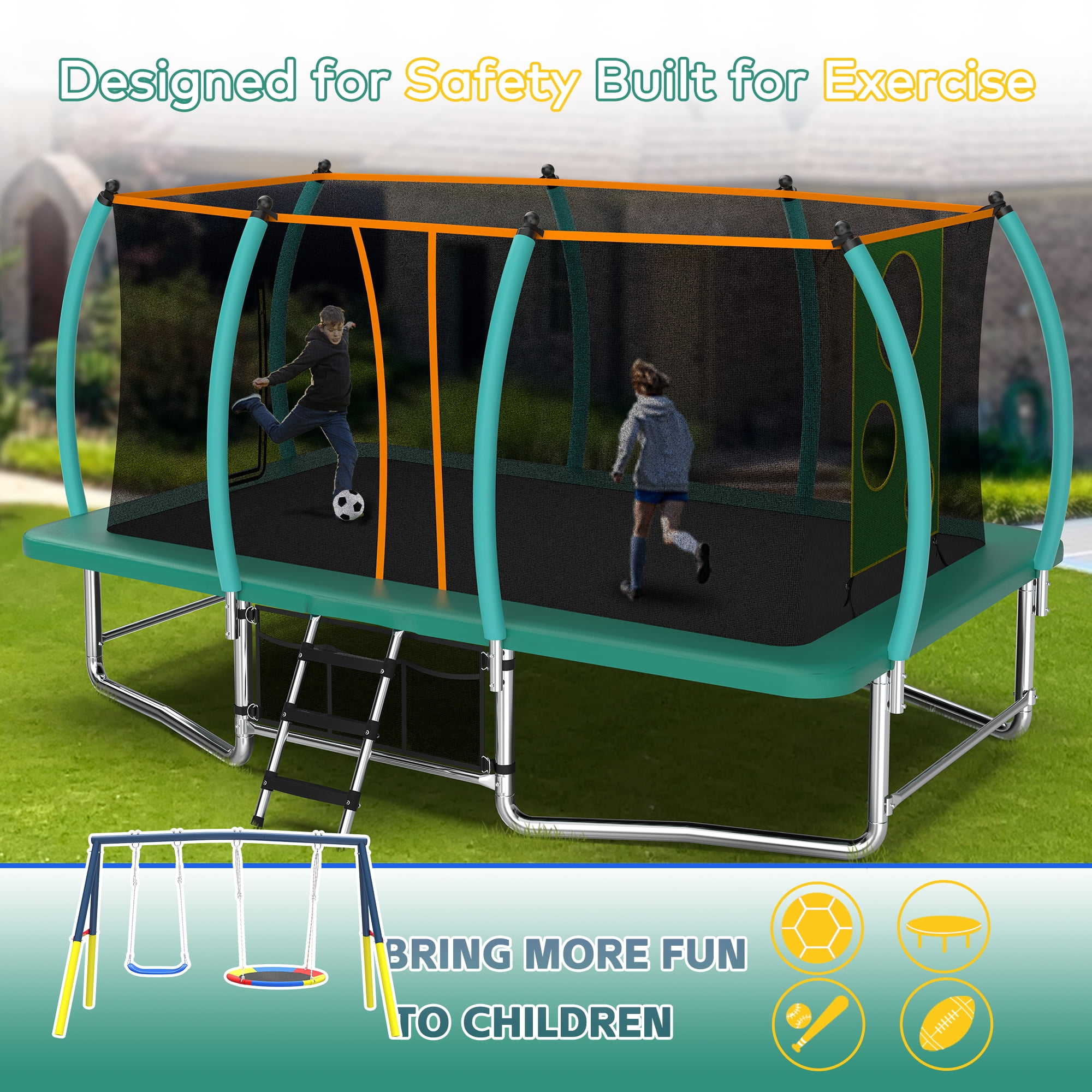 Mersco 4-in-1 Rectangular Trampoline with Swing Set and Enclosure Net (Green, 10 ft x 16 ft) 5k7pn