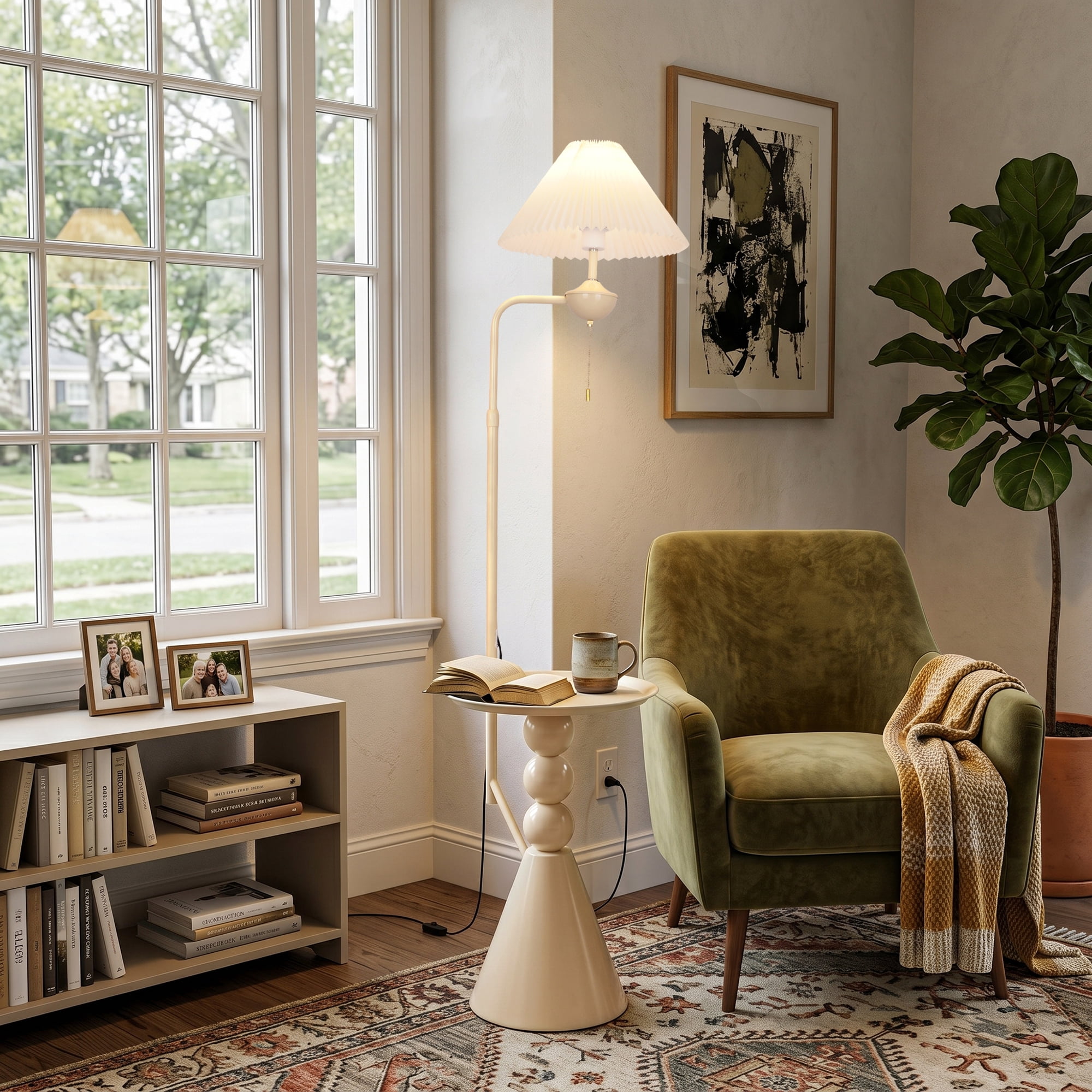 AFANQI Nordic Minimalist Floor Lamp with Integrated Side Table (Cream, 70 in Height) 7z7qk
