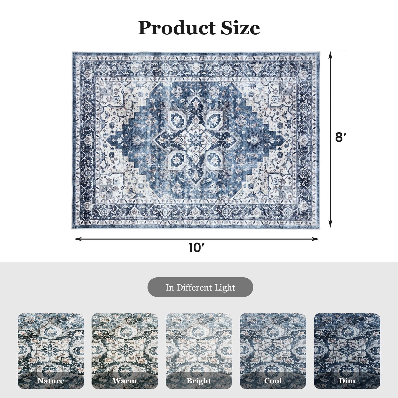 CHITOOMA Vintage Area Rug for Living Room, Machine Washable Non-Slip Carpet (Blue, 8 ft x 10 ft) 2td38