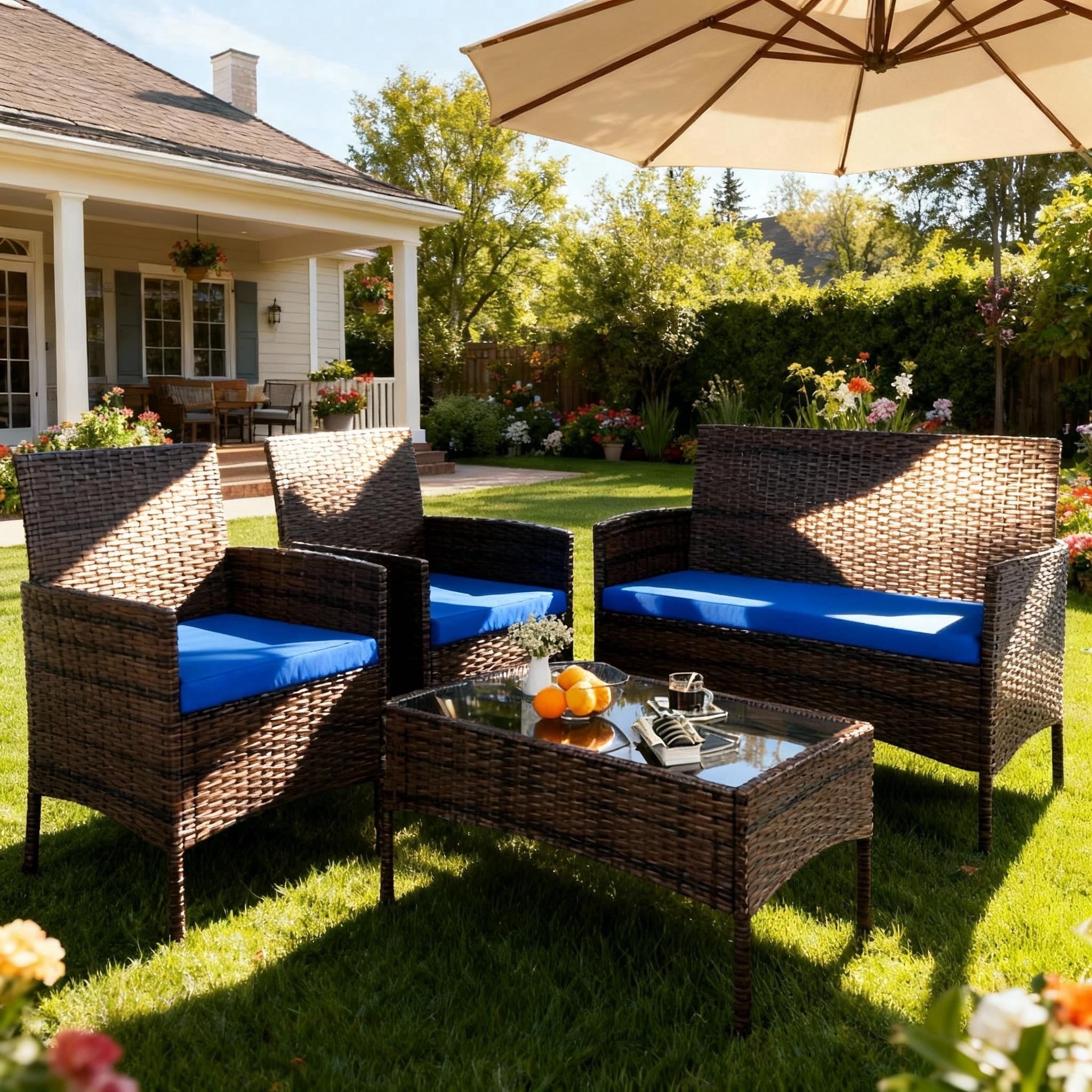 HOYOA 4-Piece Patio Rattan Conversation Furniture Set with Cushions (Brown/Blue, 4-Piece Set) 7gy97
