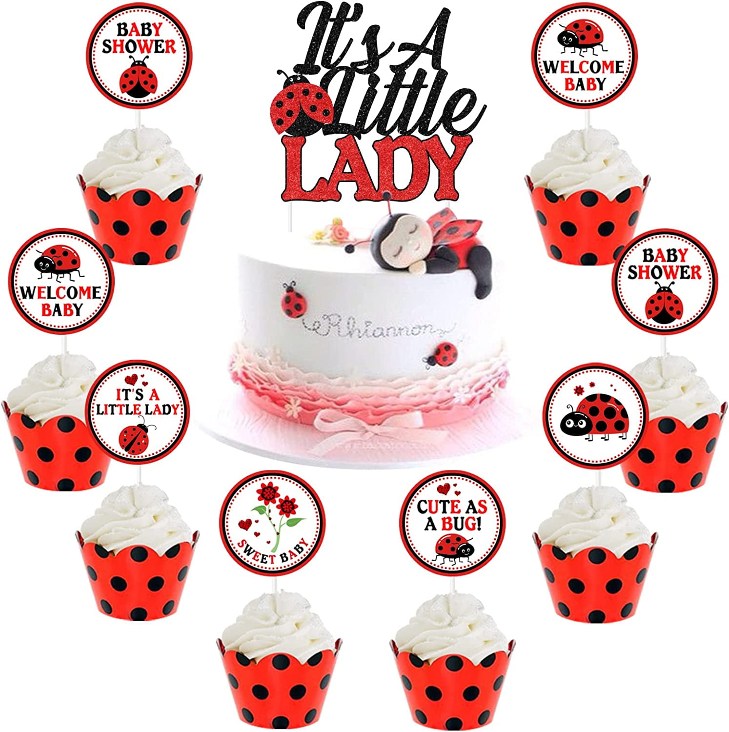 Cheereveal Ladybug Cake Topper Set for Baby Shower and Birthday Party (Red, 25 Pieces) 6zcho
