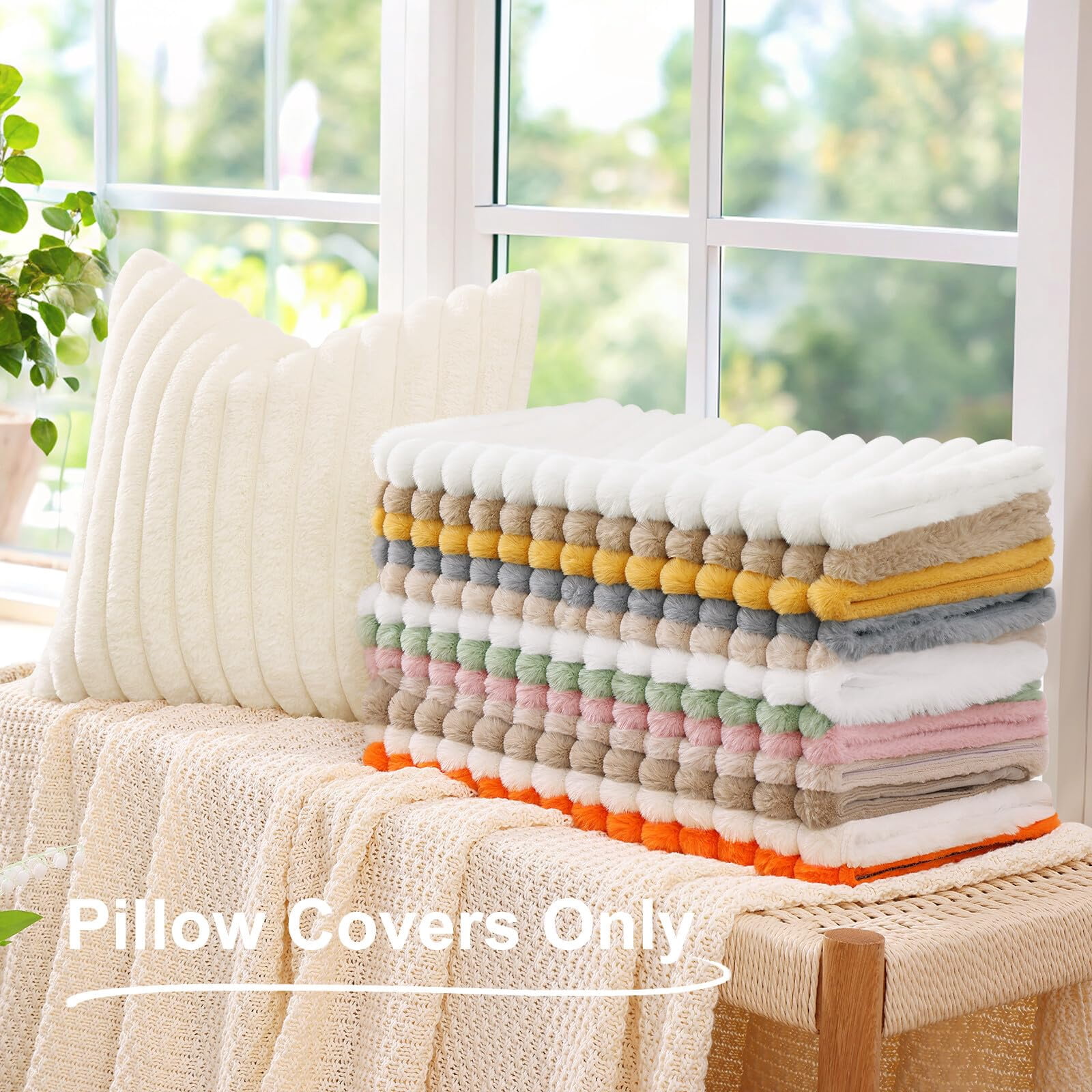 decorUhome Faux Fur Plush Throw Pillow Covers, Soft Striped Decorative Couch Cushion Cases (Cream White, 18x18 in, 2 Pack) qzjp8