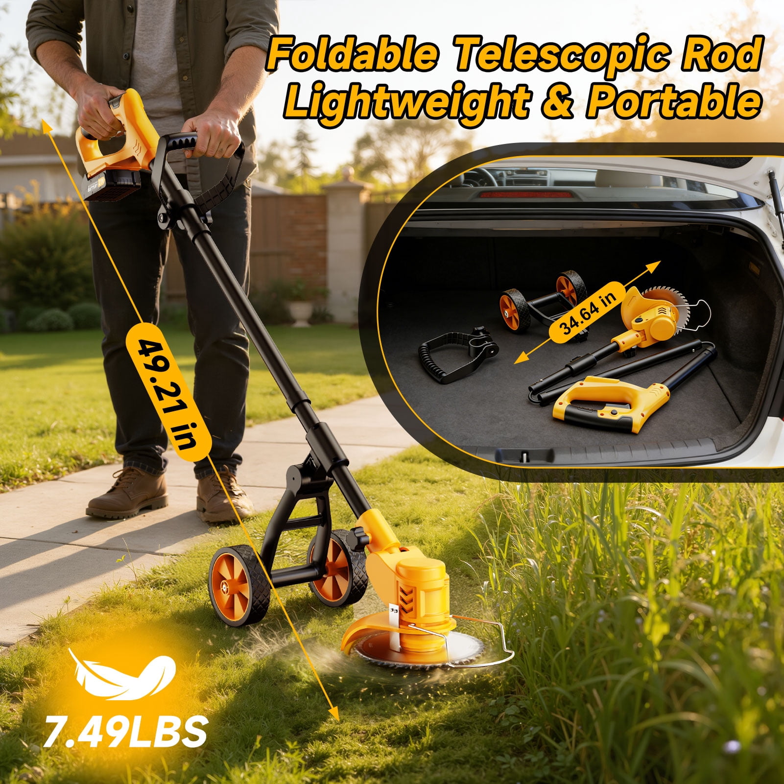 Lemolifys Cordless Electric Grass Trimmer with Wheels and 3 Blades (Yellow, 6 in) ocaa6