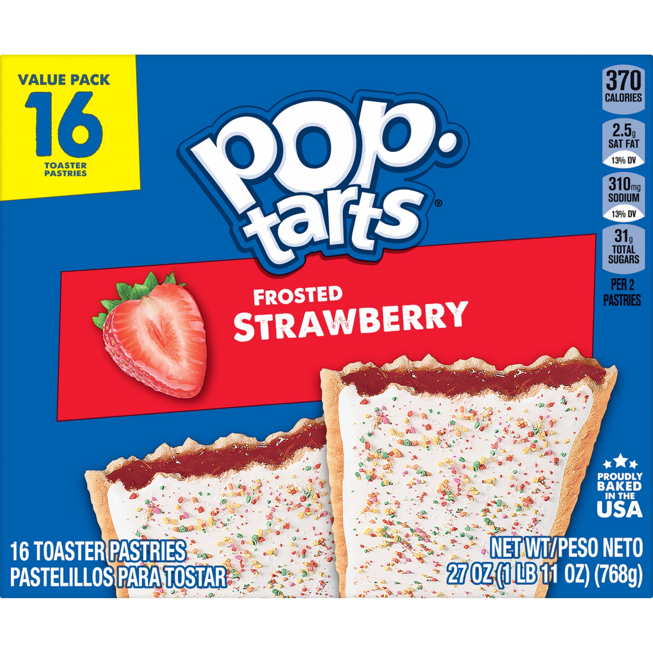 Pop-Tarts Frosted Strawberry Toaster Pastries, Breakfast Snack, Sweet Fruit Filling (27 oz, 16 Count) ev641