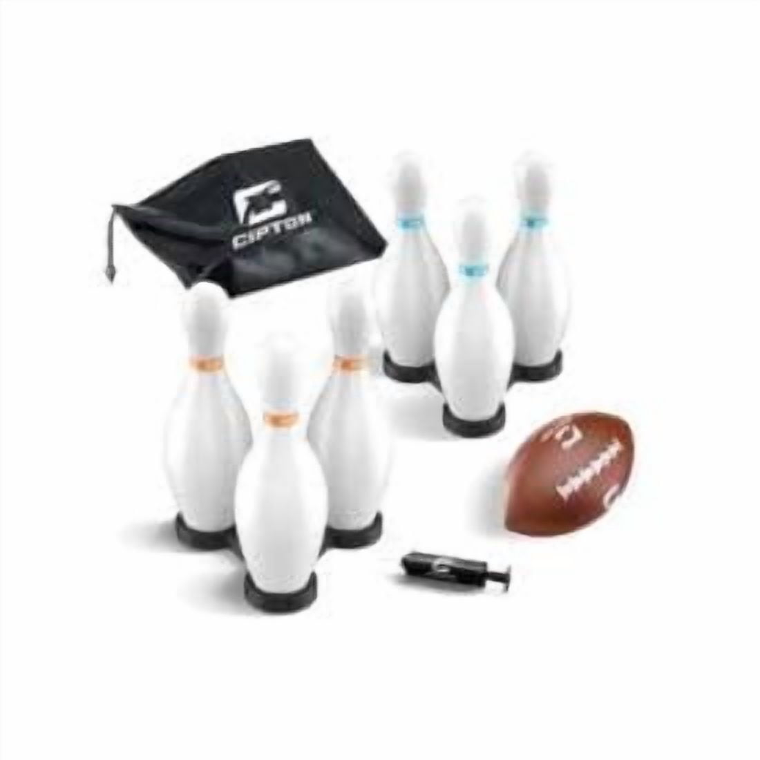 Cipton Strike Football Lawn Game Set, Outdoor Bowling Activity with 12 Pins, 2 Target Bases, Football, Air Pump, and Carry Bag (17-Piece Set) je7x4