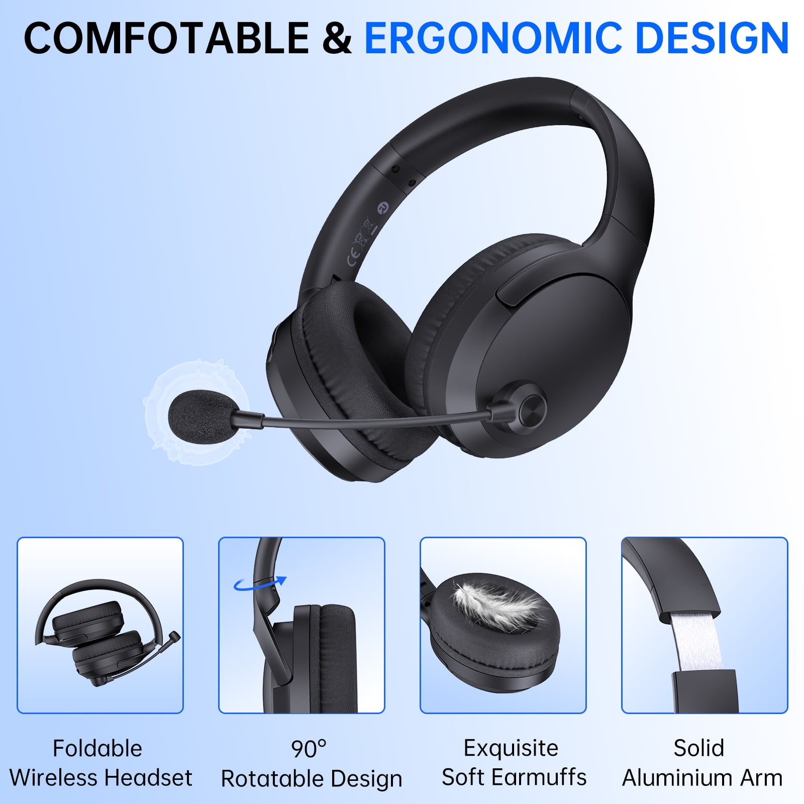 AYEDLOE Wireless Headset with AI Noise Cancelling Microphone for Work (Black, 1 Pack) qtdoa