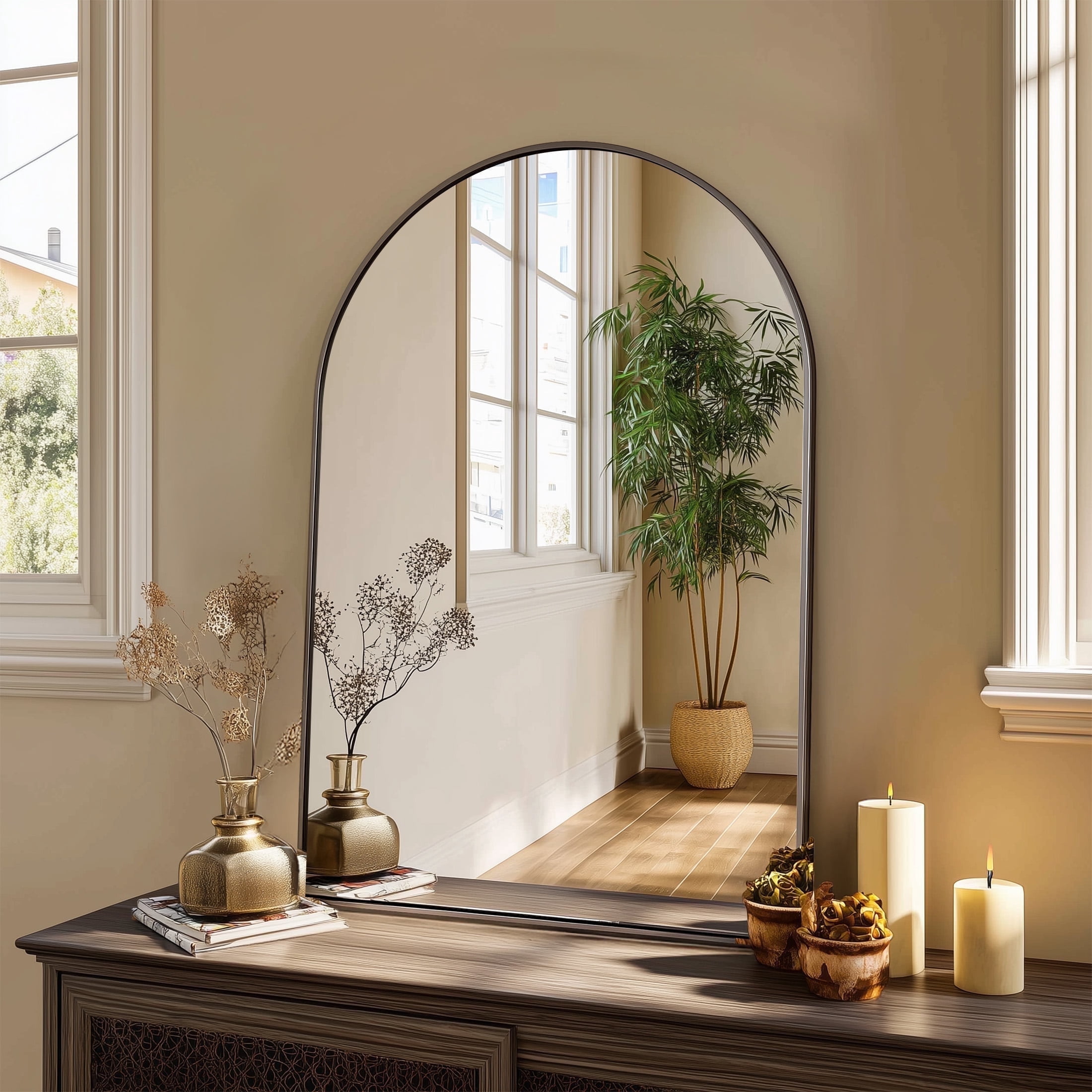 CONCETTA Arched Wall Mirror, Decorative Bathroom Vanity Mirror with Metal Frame (Black, 20 in x 30 in) 4d3t7