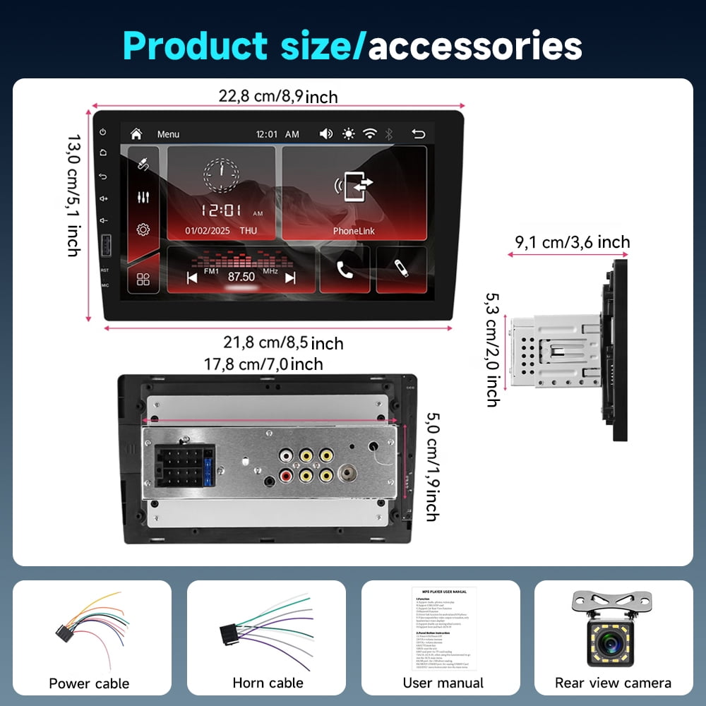 Podofo 9 in Single Din Car Stereo with Wireless CarPlay and Android Auto, Bluetooth, Mirror Link, and Backup Camera (9 in) 5egib