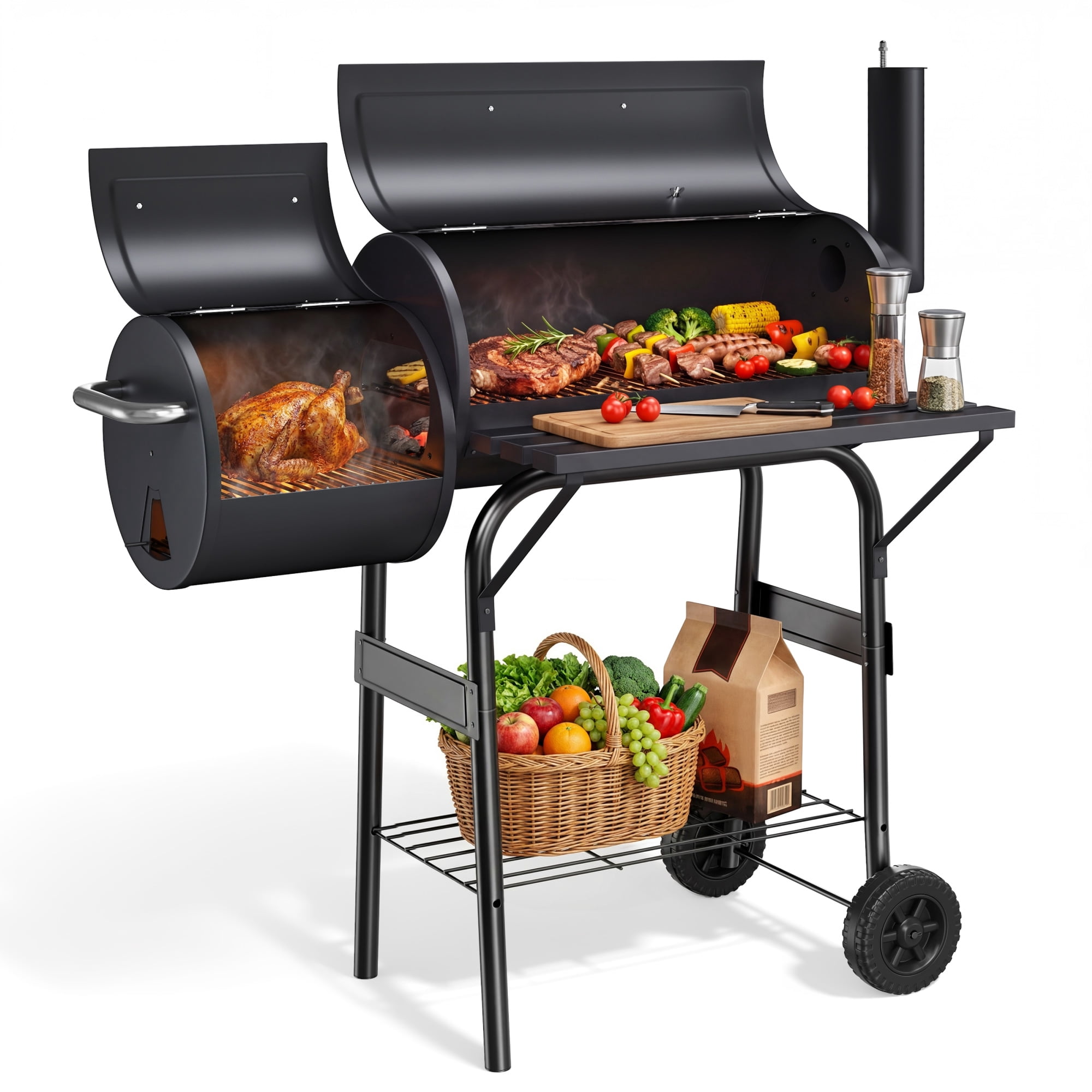 Vebreda Charcoal Grill with Offset Smoker, Heavy-Duty BBQ Barrel Grill for Outdoor Patio Cooking (Black, 44 in) ob4sj