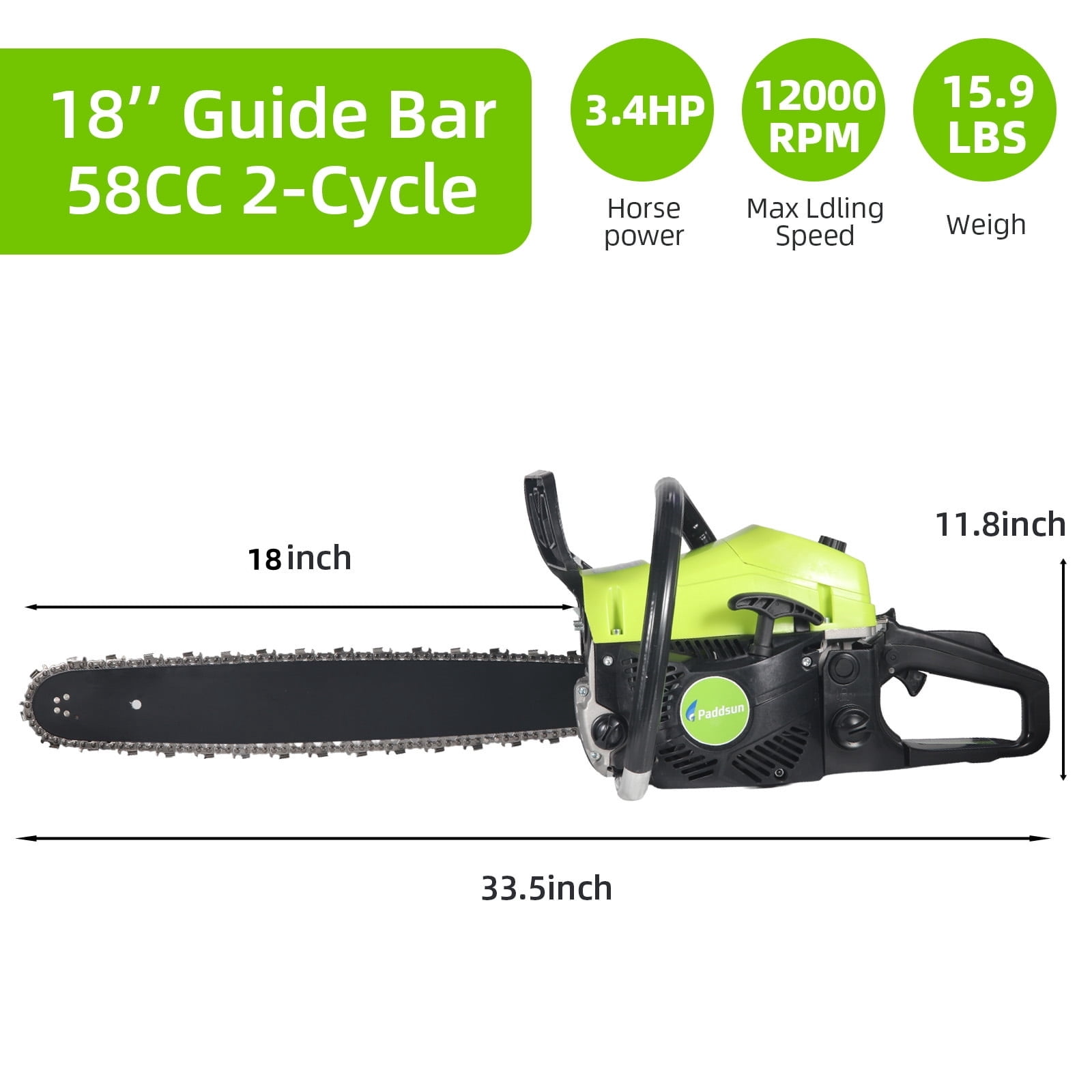 Paddsun 58CC Gas Chainsaw, High-Performance Wood Cutting Tool with Automatic Chain Oiler (Green, 18 in) 6oe4f - Image 8