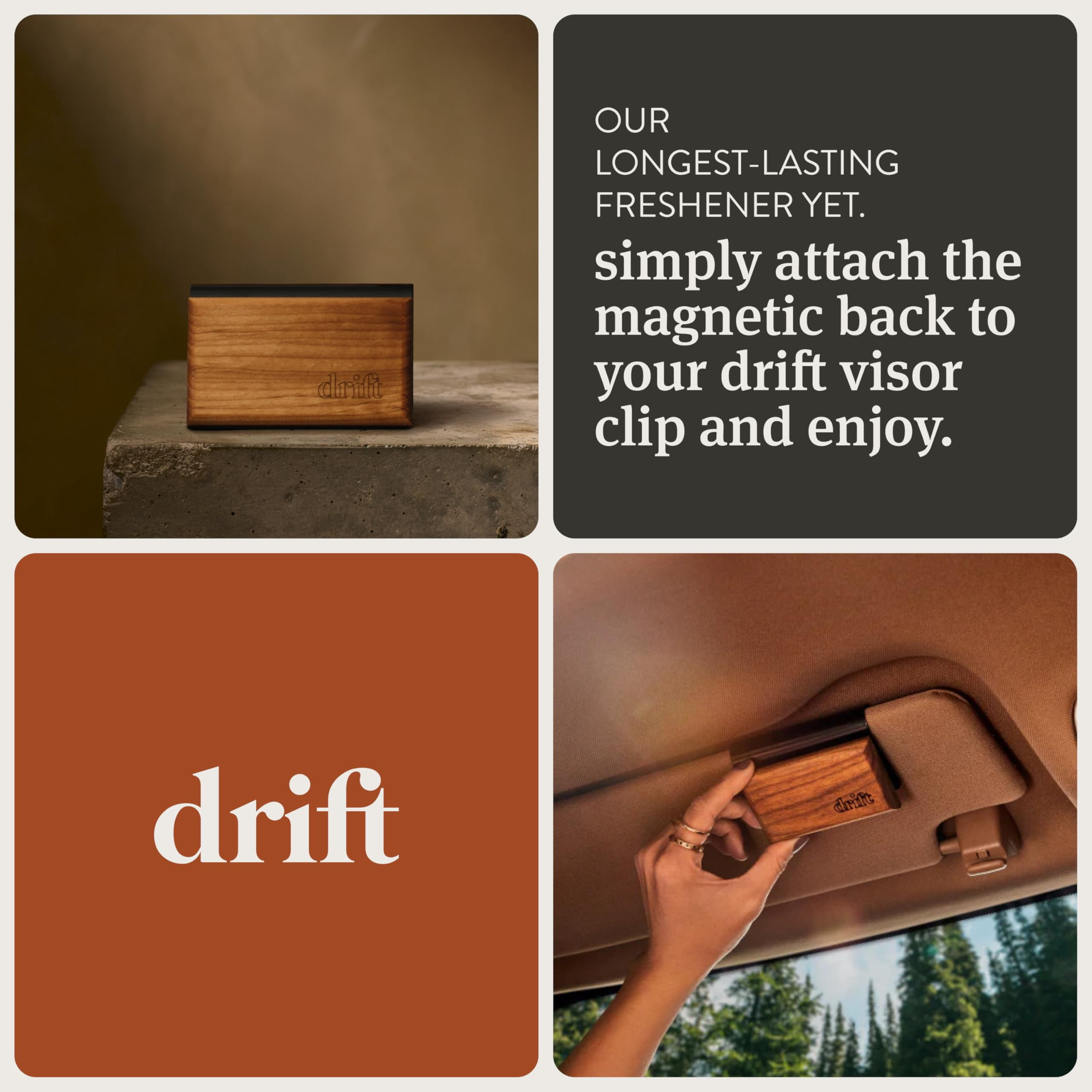 Drift Car Air Freshener Starter Kit, Wood Odor Eliminator with Amber Scent (Brown, 1 Pack) no8py