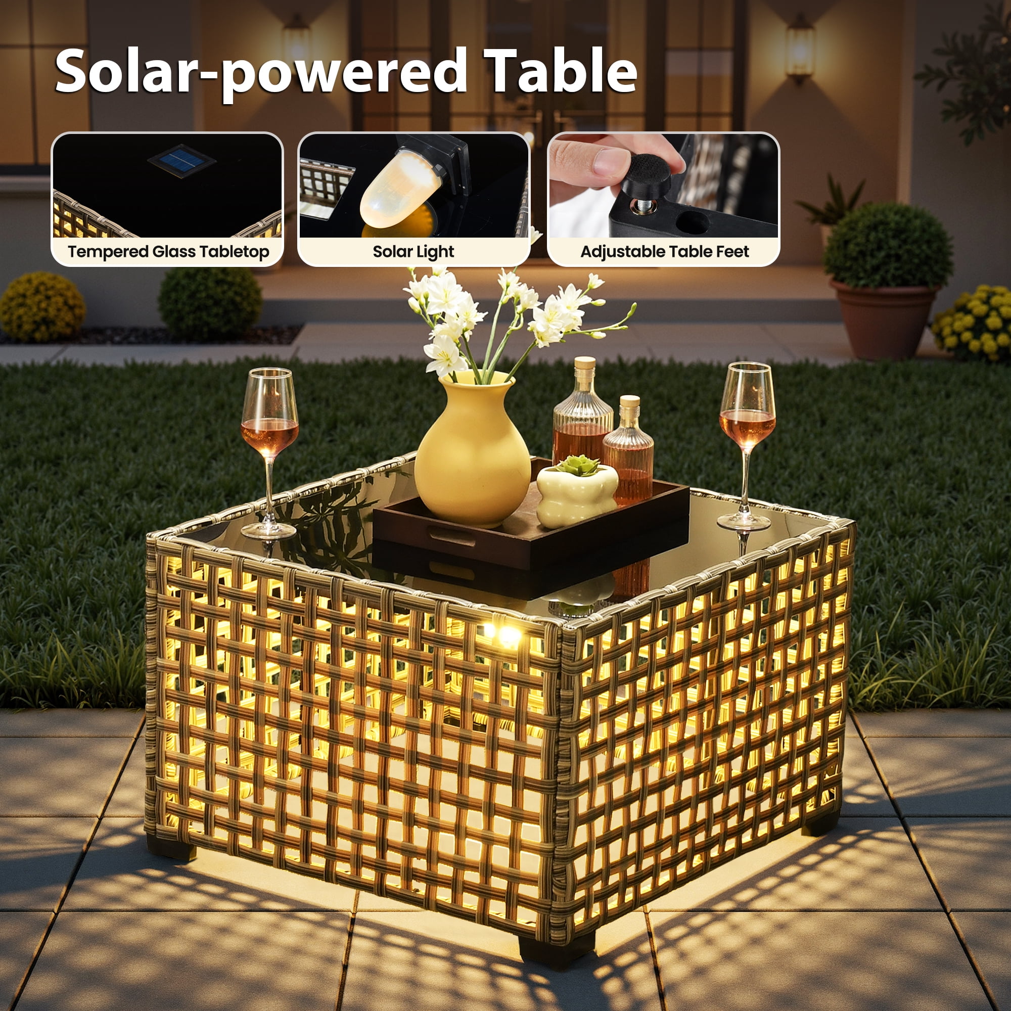 VCATNET 10-Piece Patio Conversation Set, All-Weather Rattan Wicker Sectional with Swivel Rocking Chairs and Solar LED Coffee Table (Beige, 10-Piece Set) 53c4s
