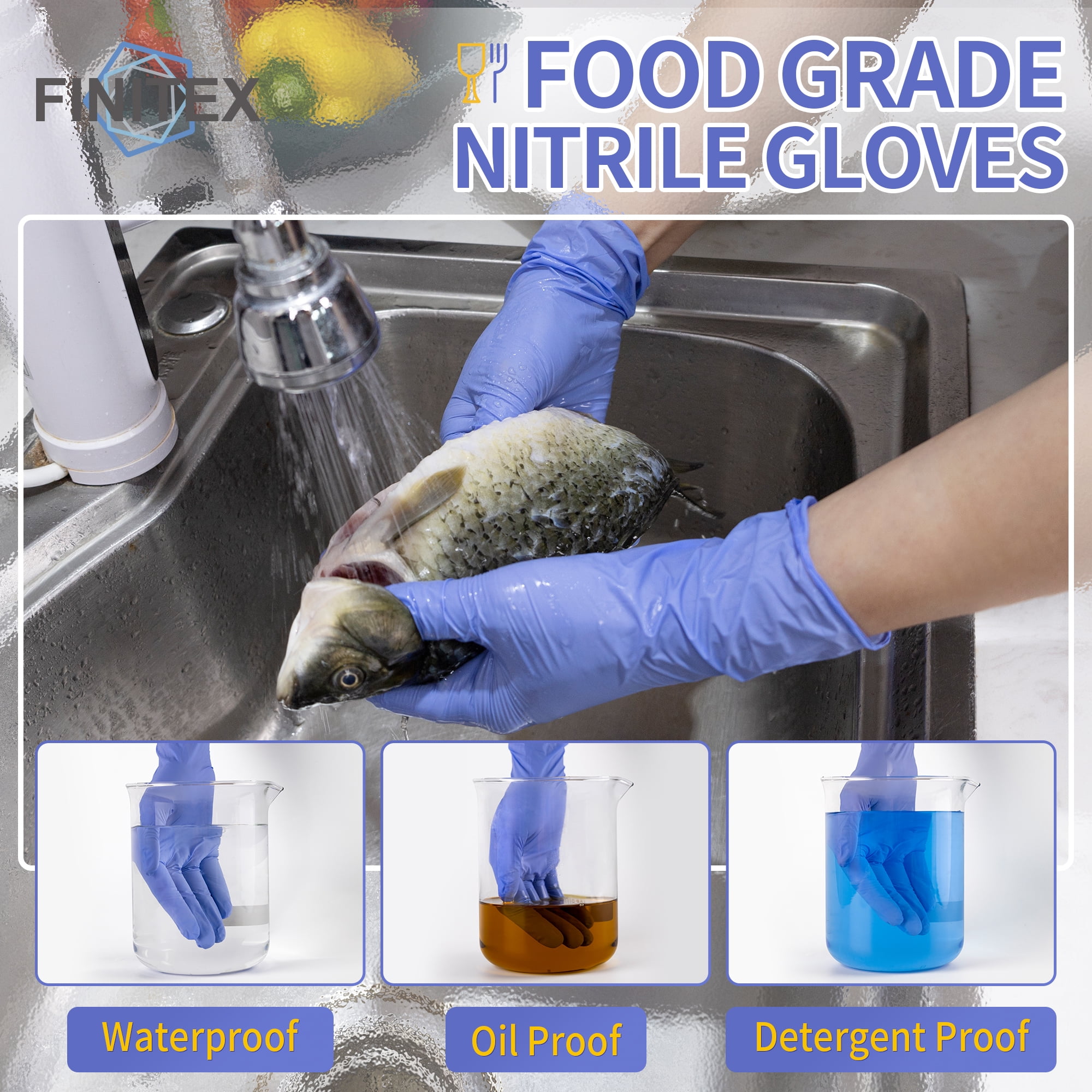 FINITEX Nitrile Disposable Gloves, Food Grade, Latex-Free, Hypoallergenic, Micro-Roughened Grip (Blue, Large, 200 Count) q73v6