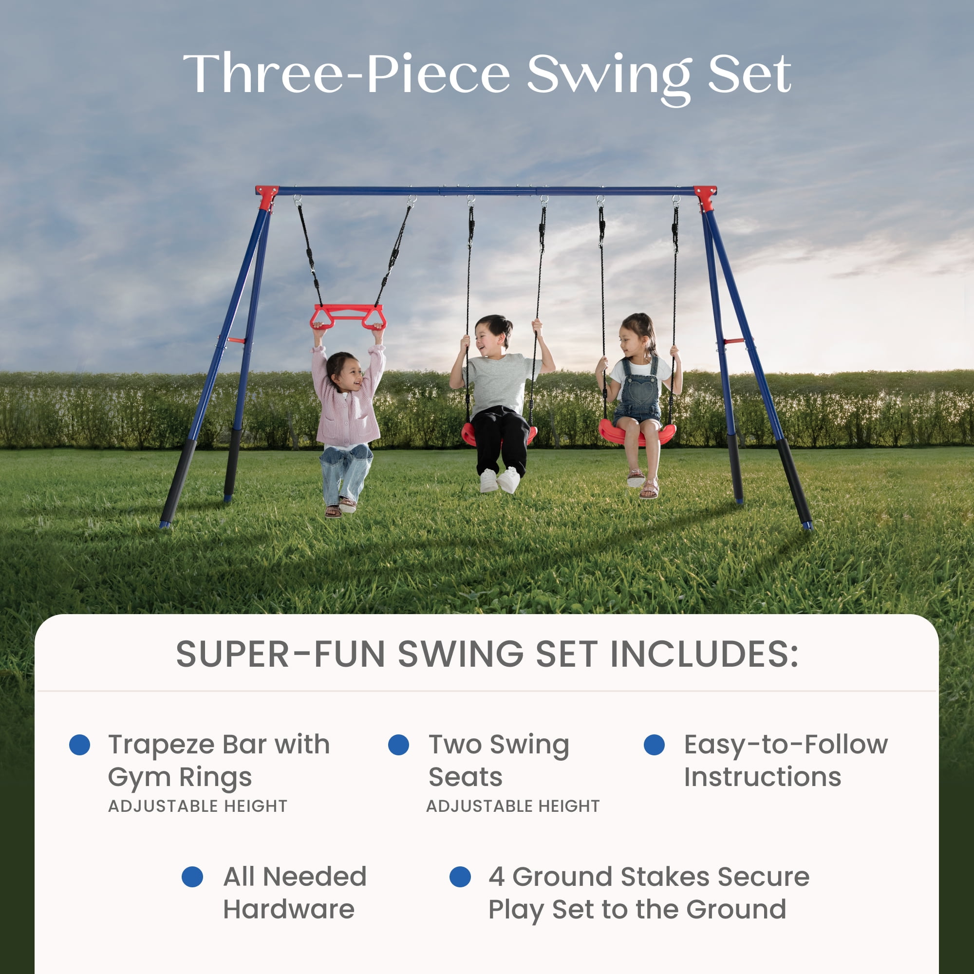 Delta Children FunZone Outdoor Metal 3-Piece Swing Set with 2 Swings and 1 Trapeze Bar (Blue/Red, 144 in W x 54 in D x 70 in H) e1y6s