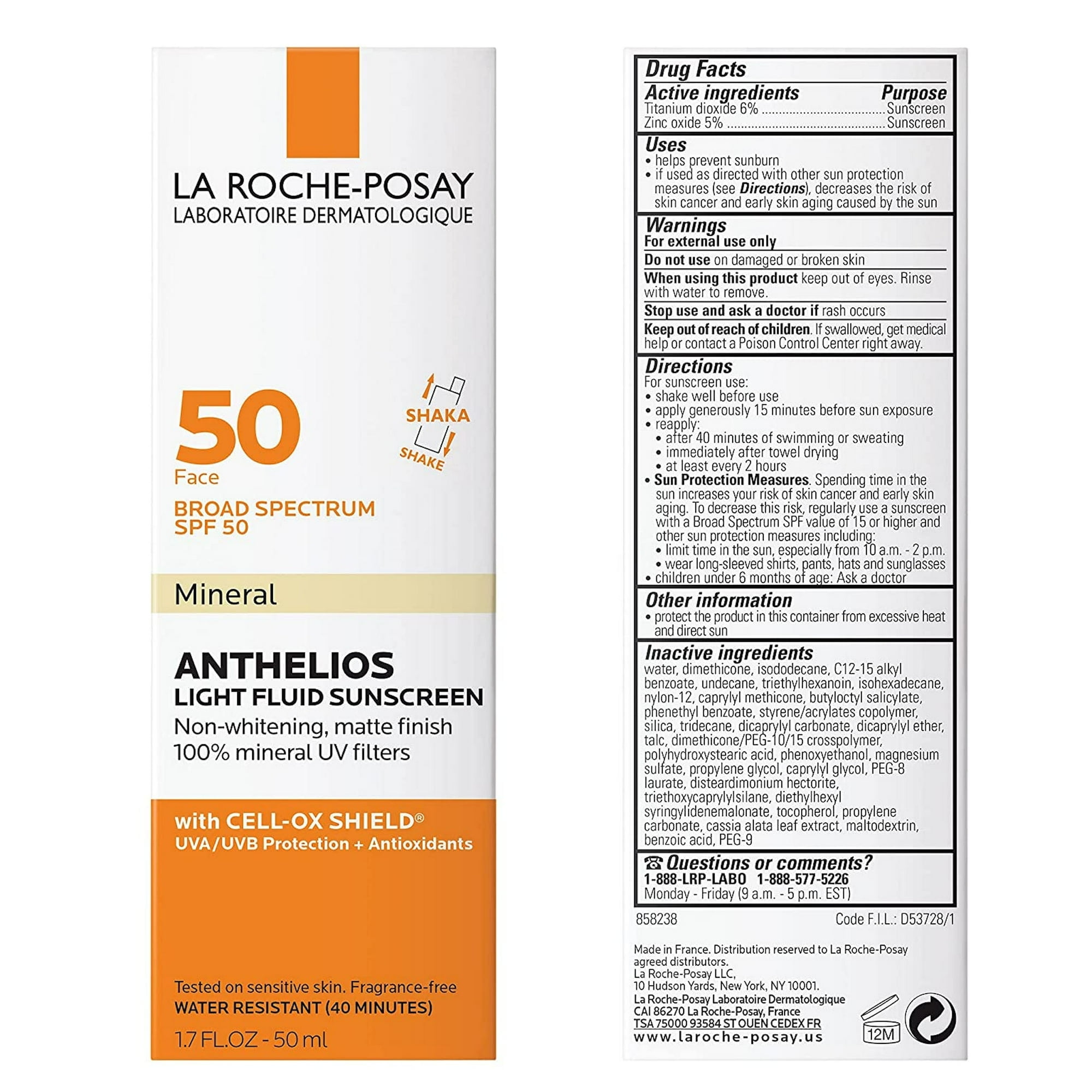 La Roche-Posay Anthelios Mineral Ultra-Light Sunscreen Fluid, Broad Spectrum SPF 50, Matte Finish for Face (1.7 fl oz) 891gj
