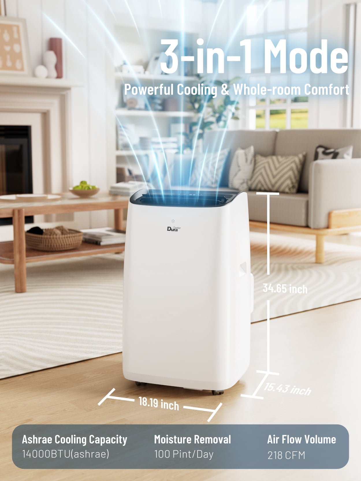 DuraComfort Portable Air Conditioner 14000 BTU, 3-in-1 Cooling, Dehumidifier, and Fan with Remote Control (450 Sq. ft) nt36s