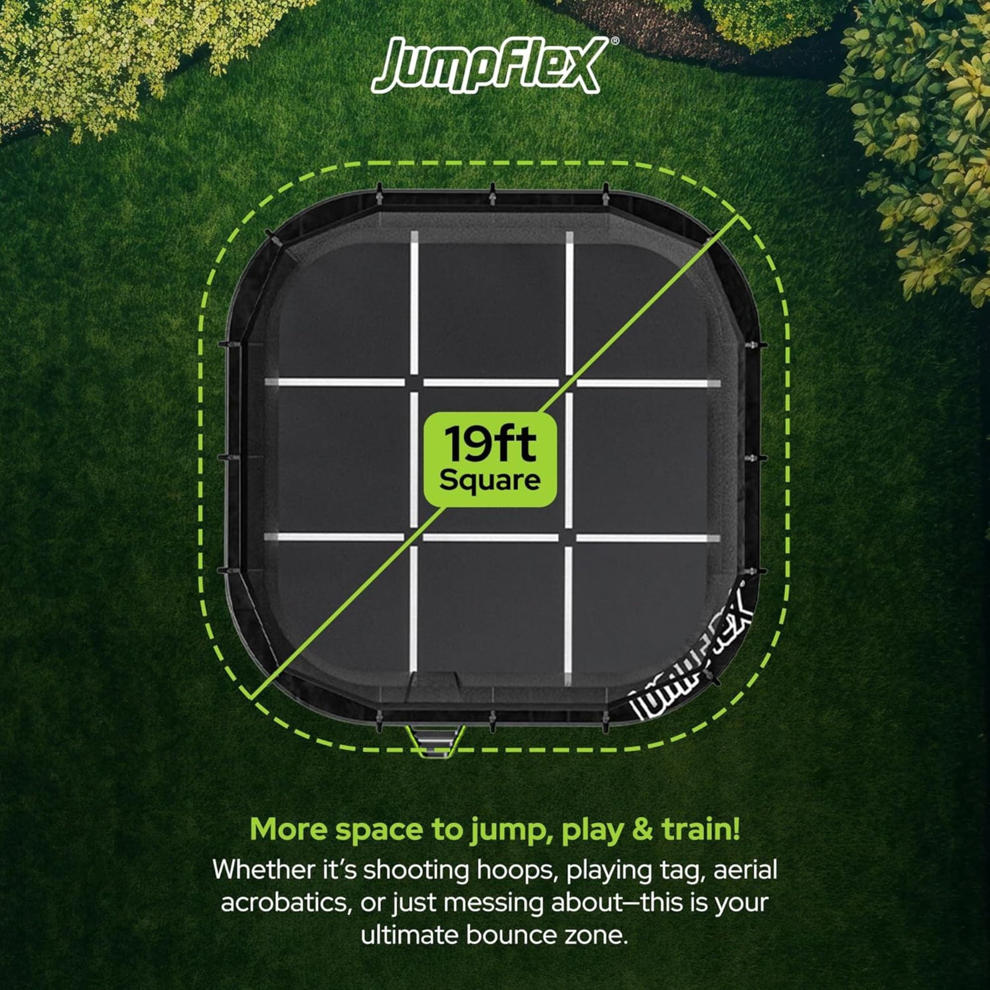 JumpFlex 19 ft Trampoline MEGA Outdoor Playset with Safety Net and Ladder (Green/Black, 19 ft) 5didx