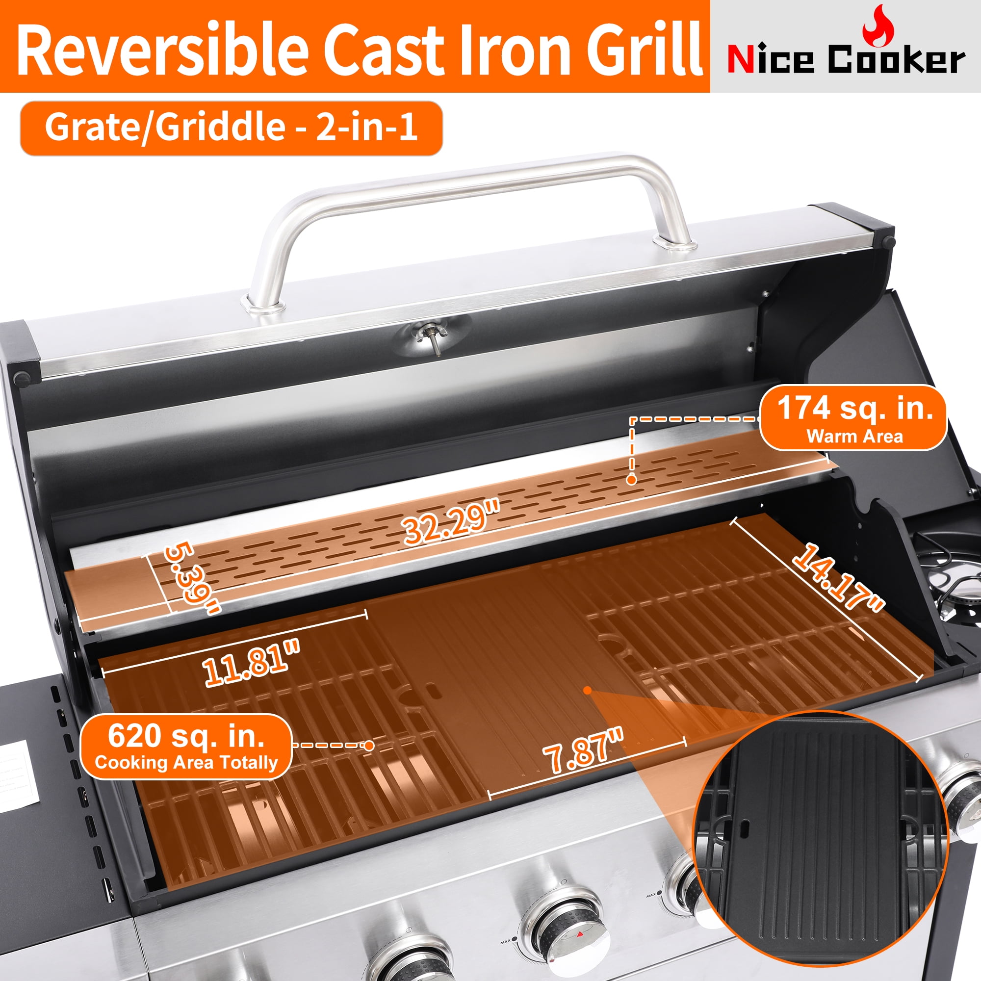Nice Coker 6-Burner Propane Gas BBQ Grill with Side Burner (Silver, 620 sq. in.) a901x