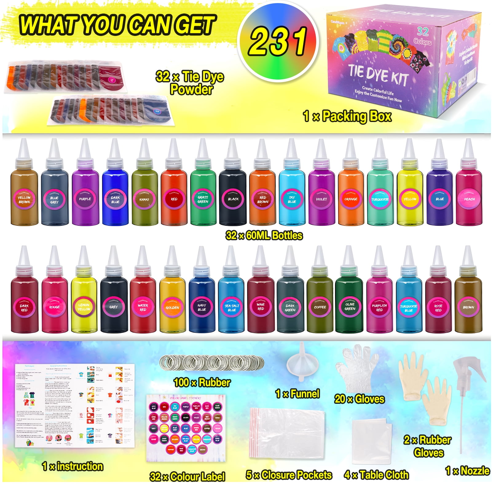 CandWuom Tie Dye Kit, 32 Vibrant Colors DIY Fabric Craft Set for Apparel and Home Decor (32 Pack, 2.03 fl oz) lbk61