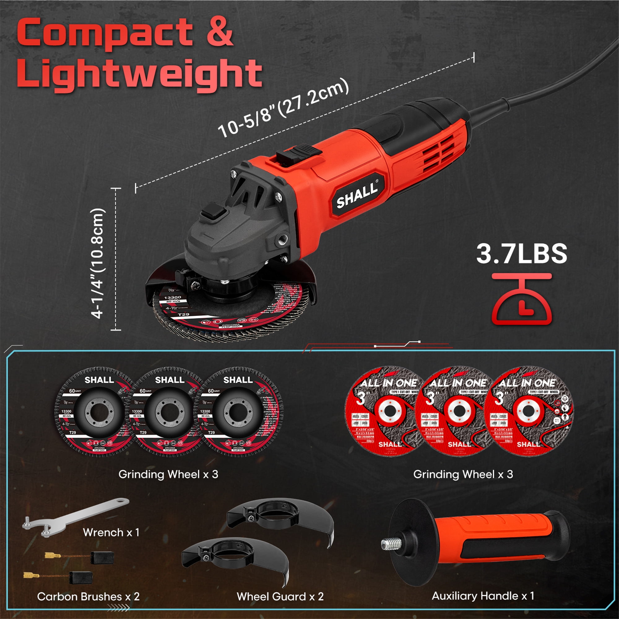 SHALL 4-1/2 Inch Angle Grinder 4 Amp Power Tool with 6-Piece Accessory Set (4.5 in) p58eu