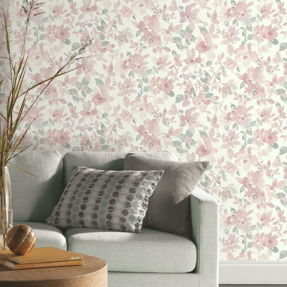 RoomMates Floral Peel and Stick Wallpaper, Removable Self-Adhesive Wall Decor (Light Pink, 28.18 sq ft) 01qoa