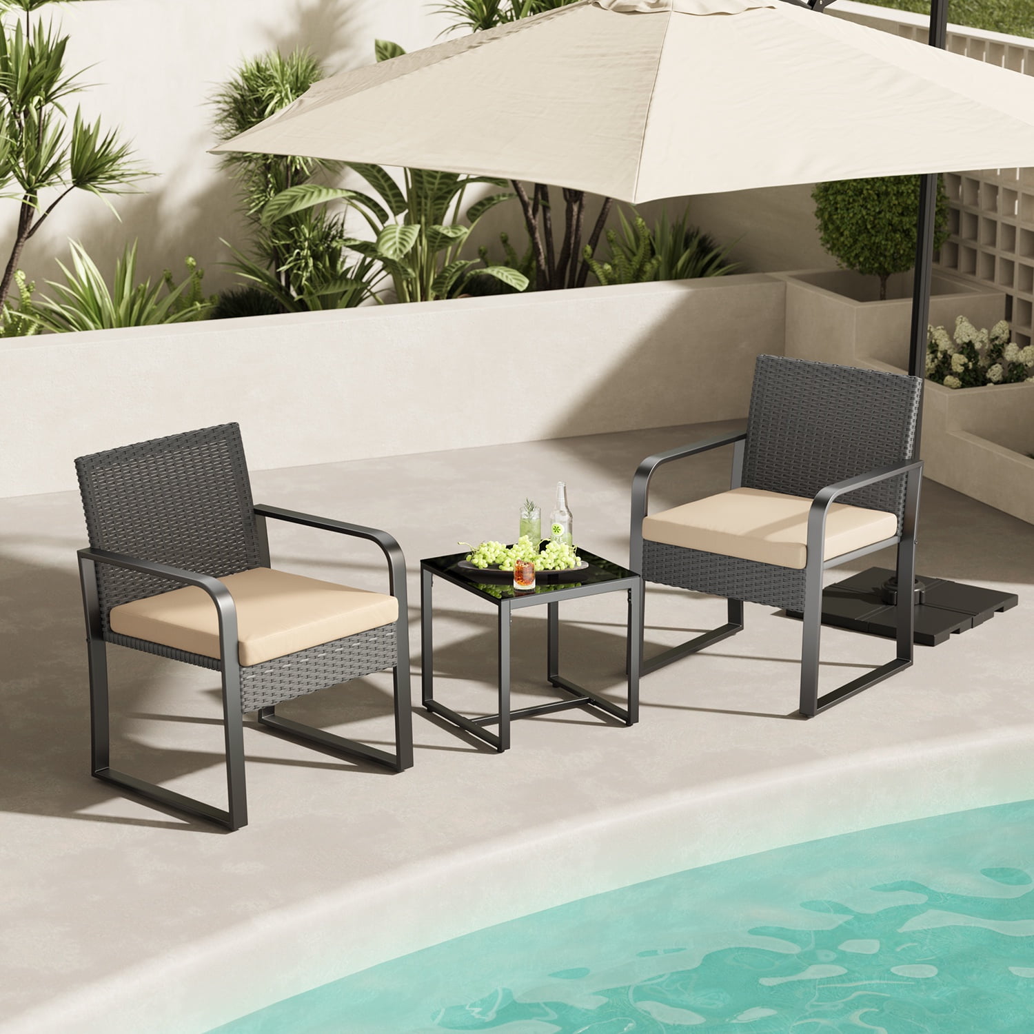 Asofer 3-Piece Outdoor Patio Furniture Set, All-Weather Wicker Bistro Chairs with Tempered Glass Table (Gray, 3-Piece Set) aovhk