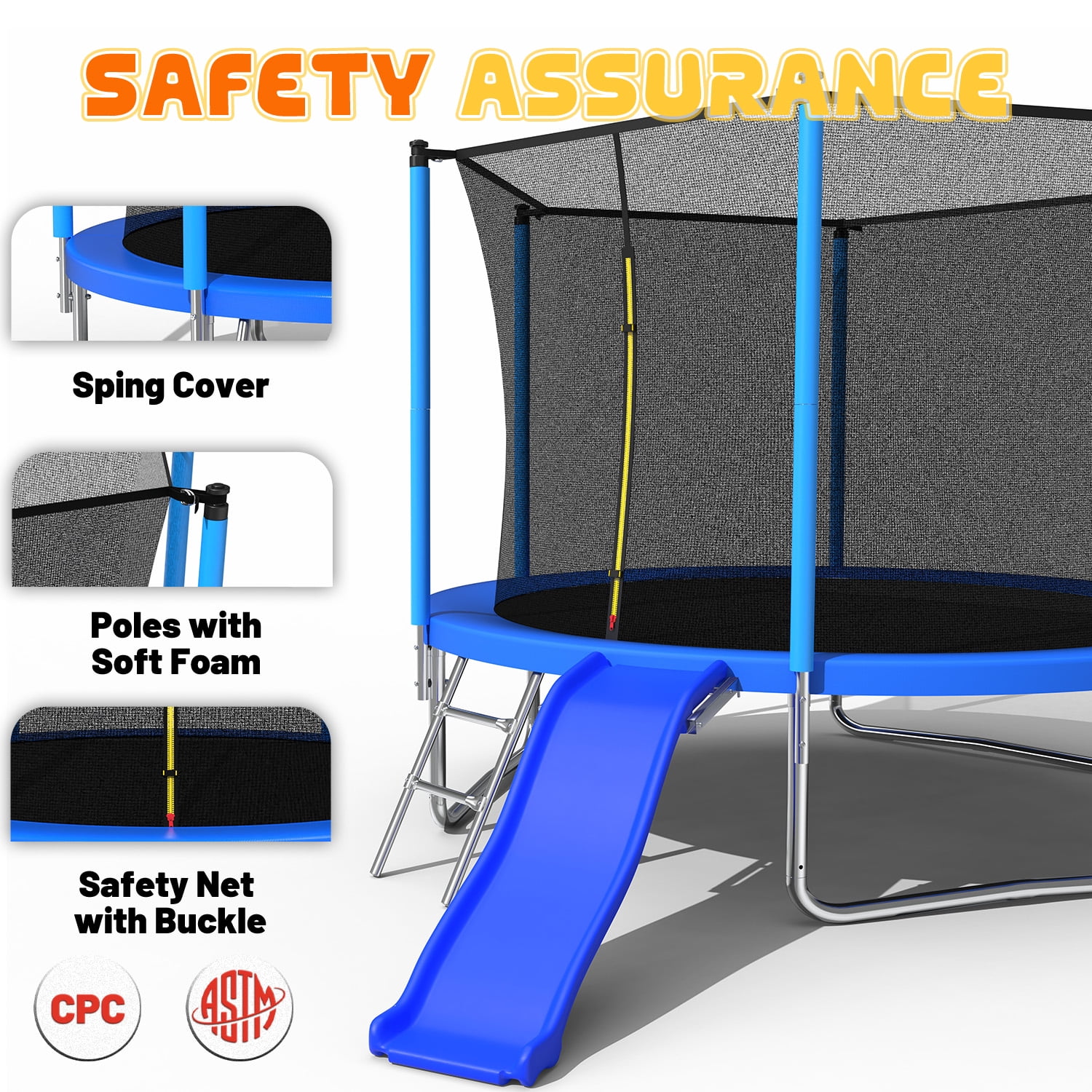 Mersco 10 ft Heavy Duty Outdoor Trampoline with Enclosure Net, Slide, and Basketball Hoop (Blue, 10 ft) 7vhxm