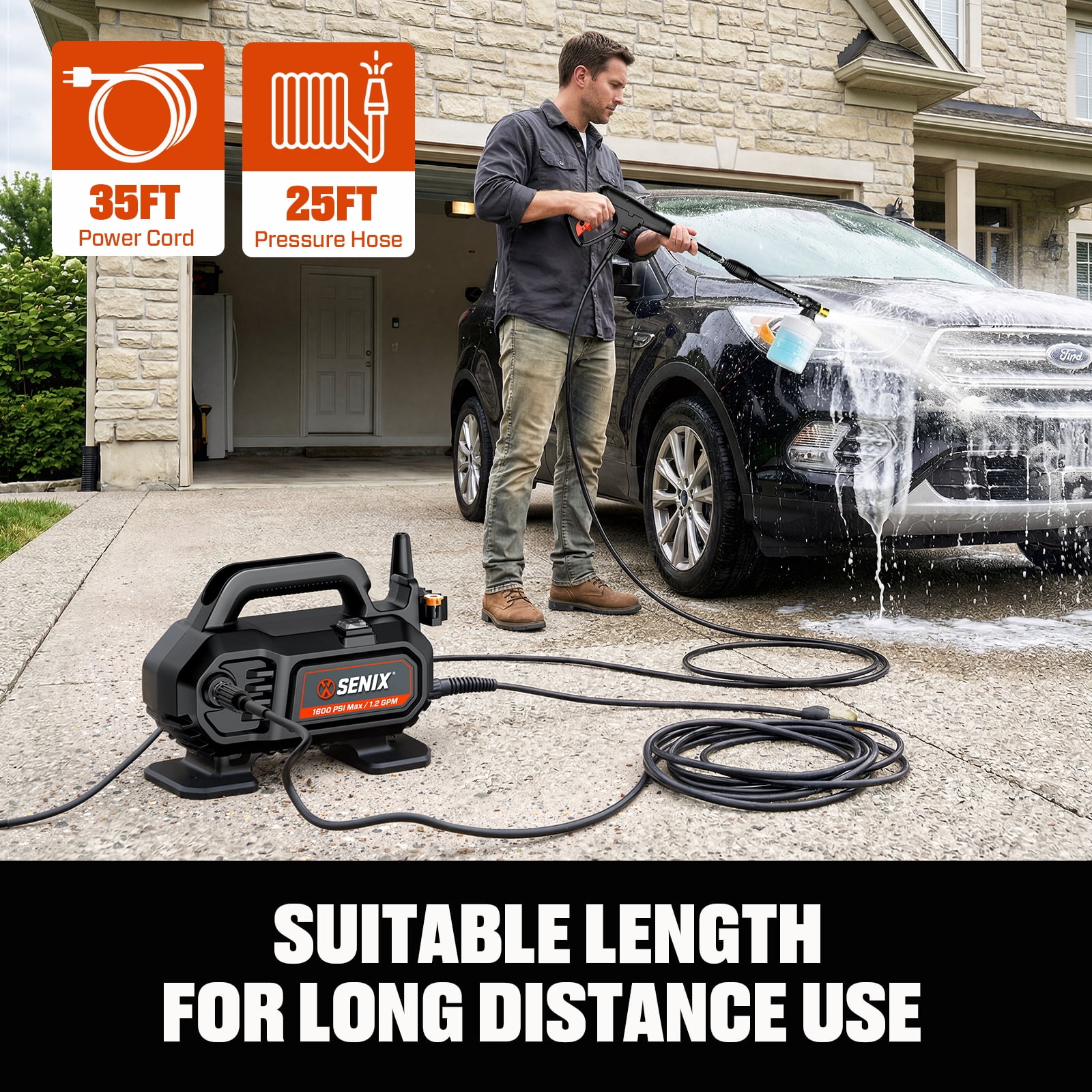 Senix 1600 PSI Electric Pressure Washer with 1.2 GPM Flow Rate and 20 ft Hose (11 Amp Motor) pzh1r