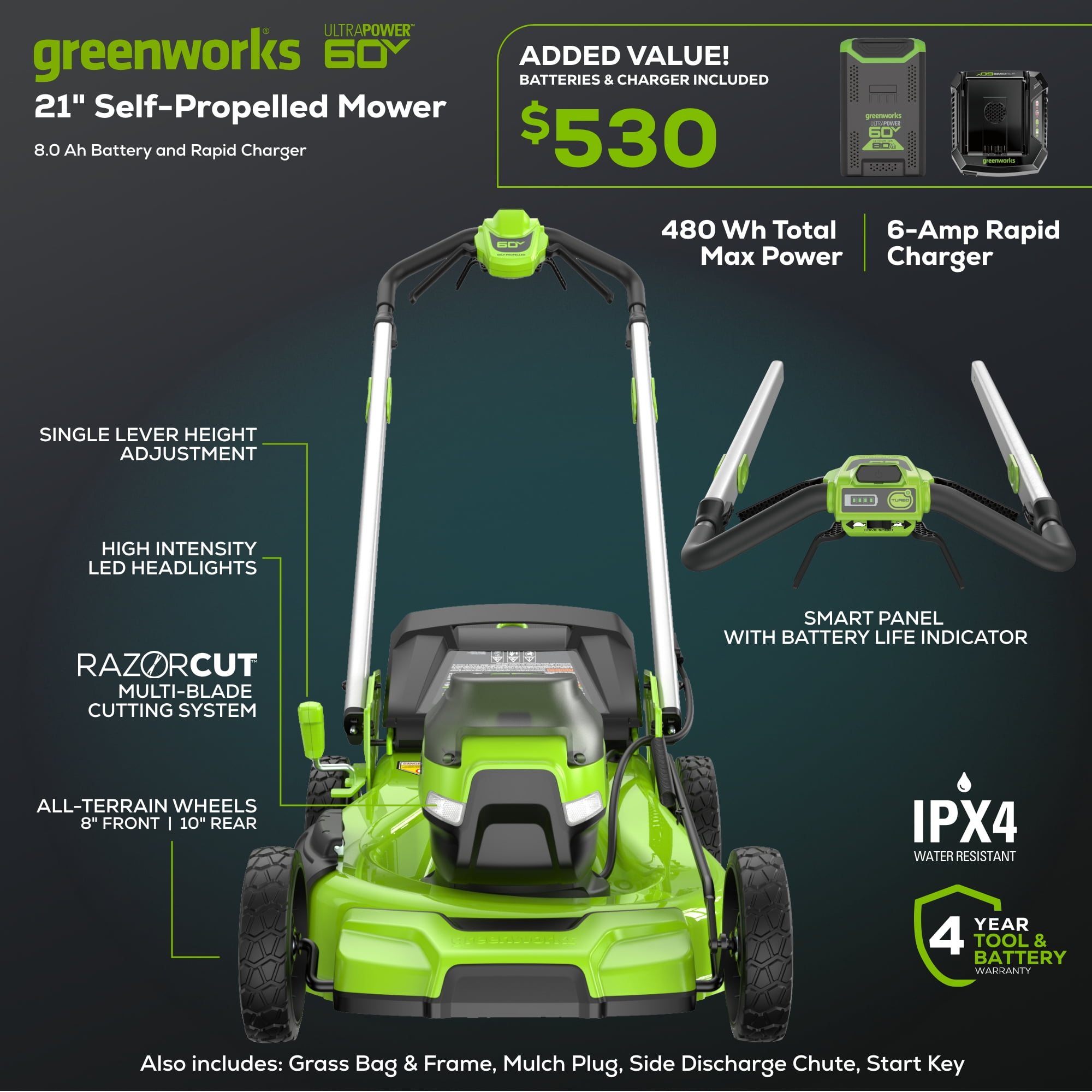Greenworks 60V 21 in Self-Propelled Lawn Mower with 8.0 Ah Battery and Rapid Charger (Green, 21 in) ijbnt