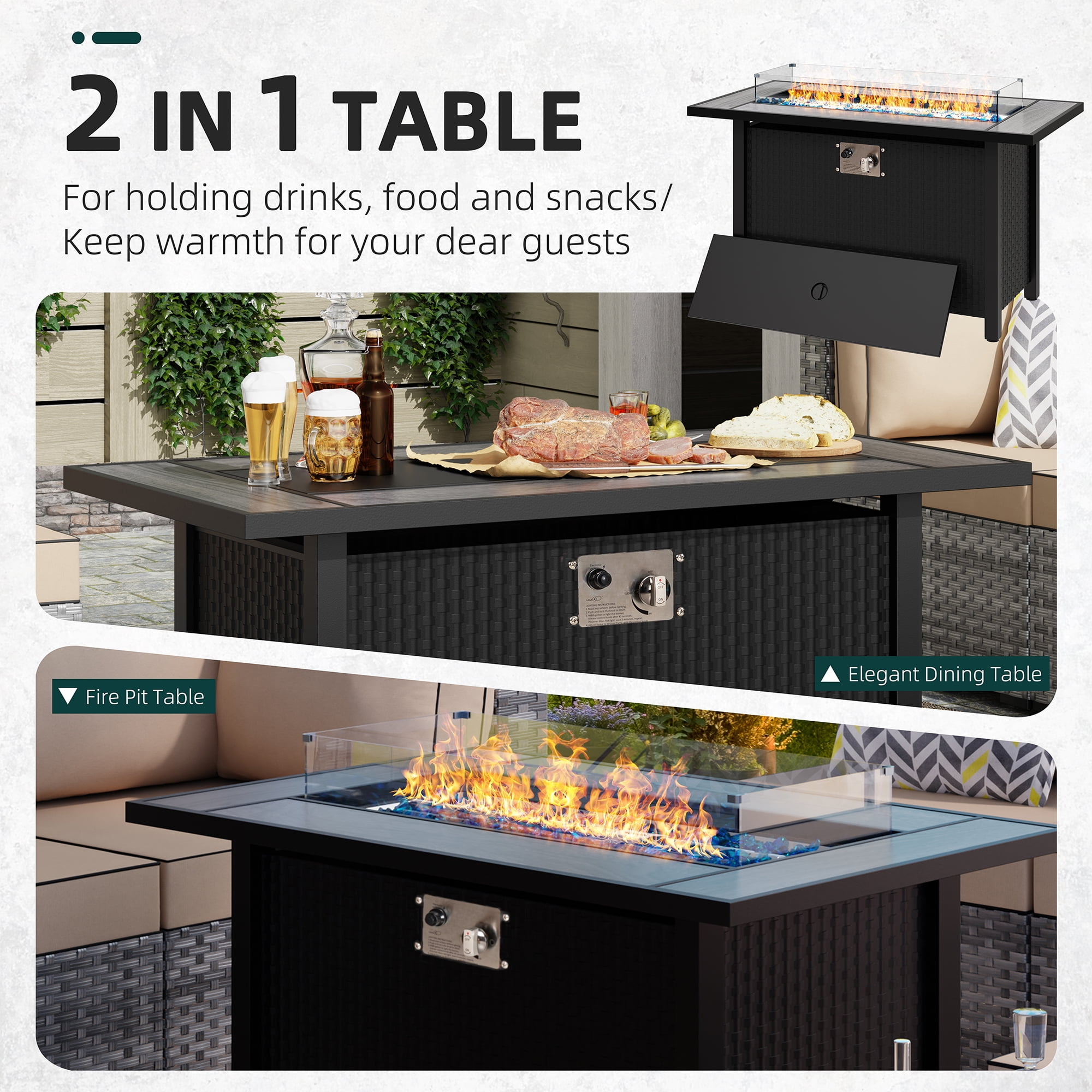 Walsunny 45 in Propane Fire Pit Table, 50,000 BTU Steel Gas Fire Pit with Removable Lid and Waterproof Cover (Grey, 45 in) 5us02