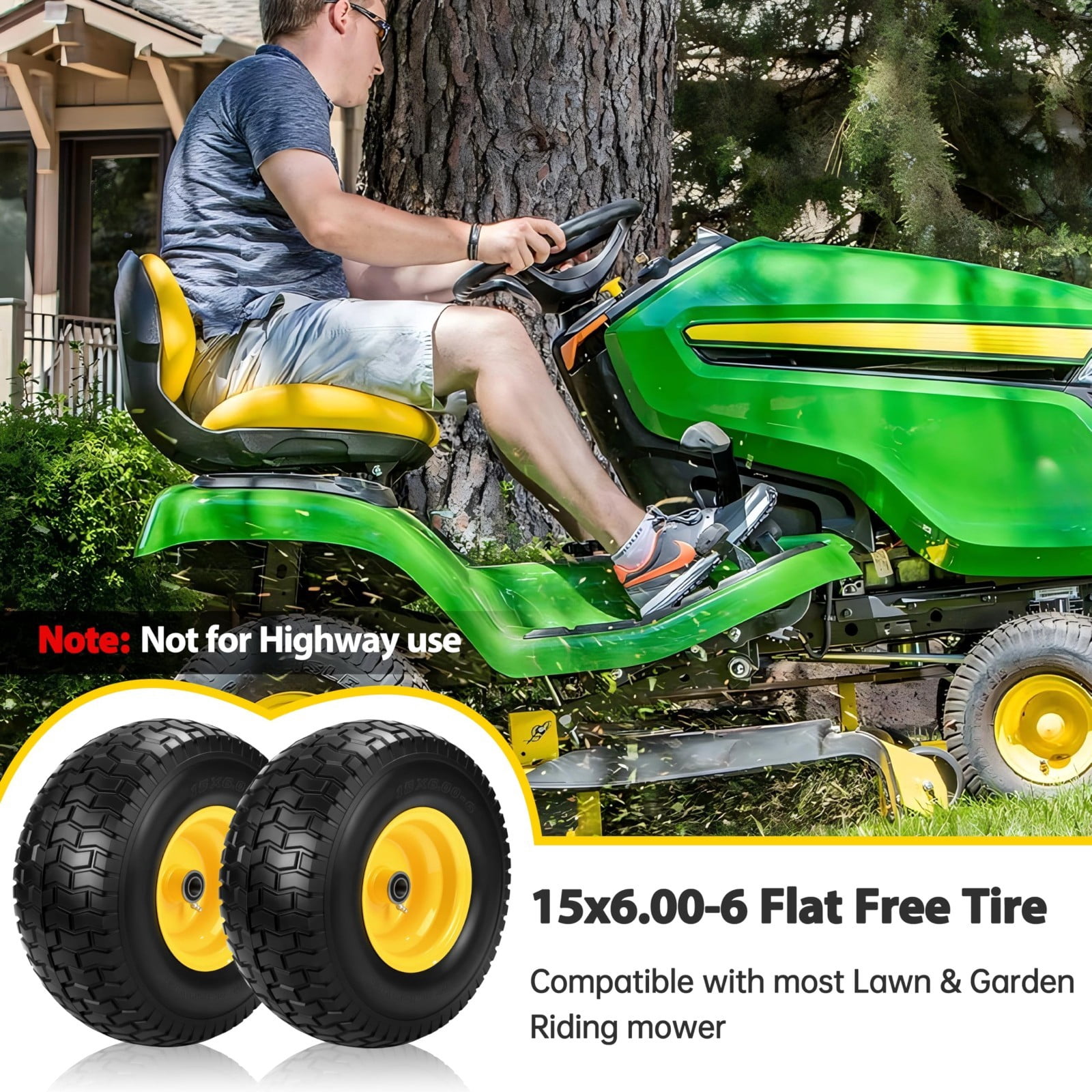 LOTMOVE 15x6.00-6 Flat-Free Lawn Mower Tire and Wheel Assembly (2 Pack, 500 lb Capacity, 3/4 in Bearing) 3uoew