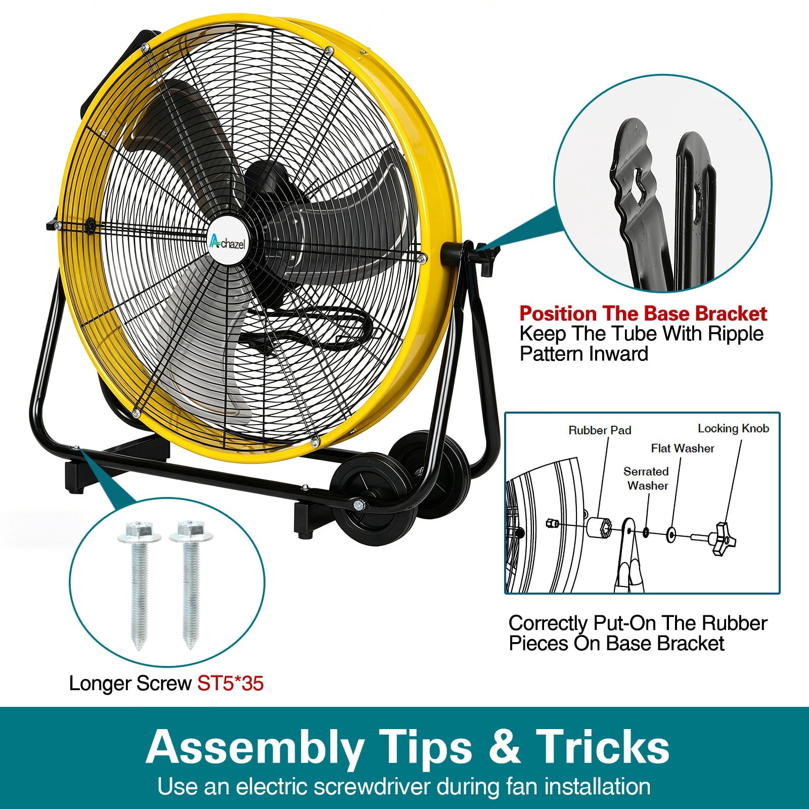 Achazel 24 Inch Industrial Drum Fan, Heavy-Duty 3-Speed High Velocity Floor Fan for Warehouse and Garage Cooling (Yellow, 24 in) mufb0