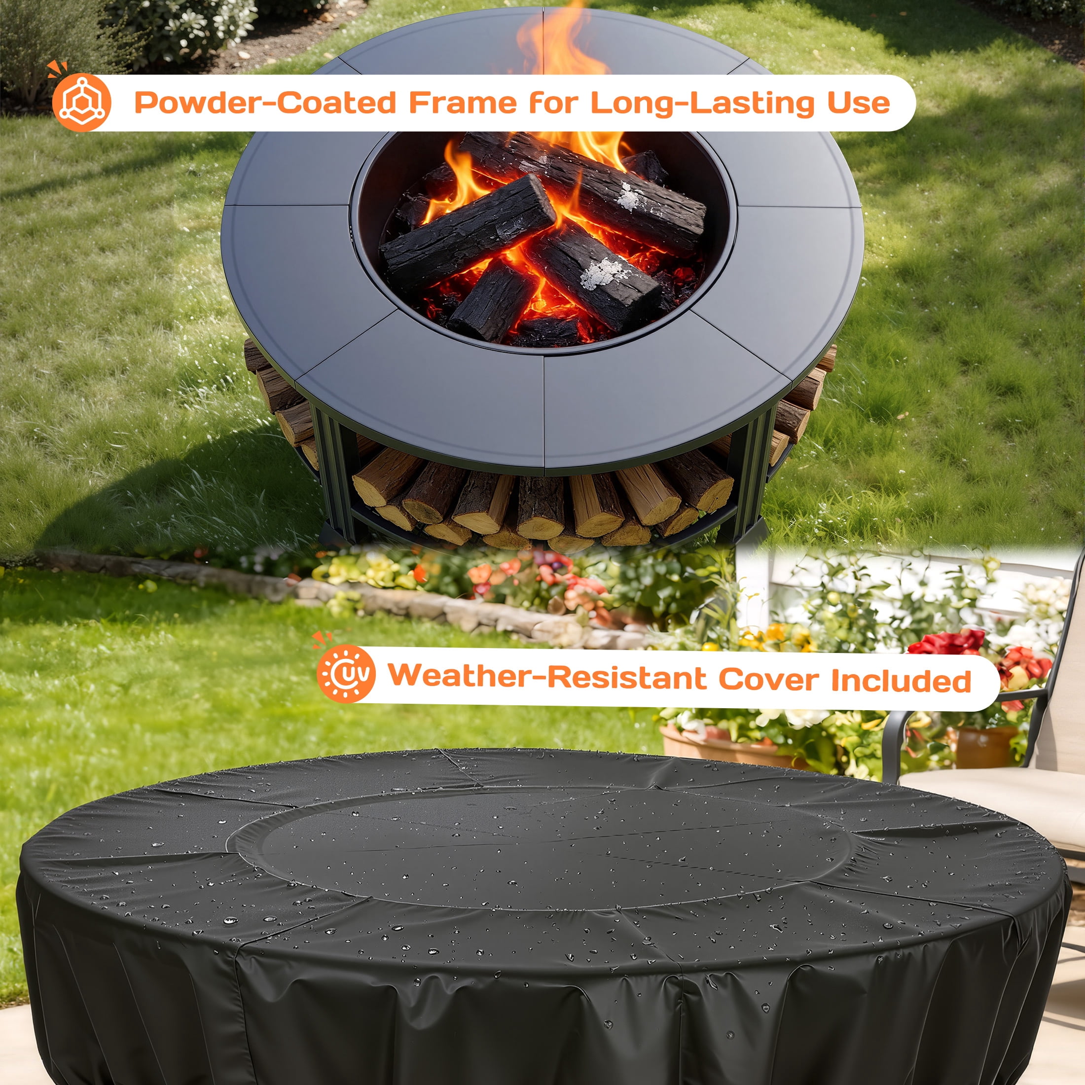 Segmart 38 in Round Wood Burning Fire Pit Table with Grill, Poker, and Waterproof Cover (Black, 38 in) ra8m1