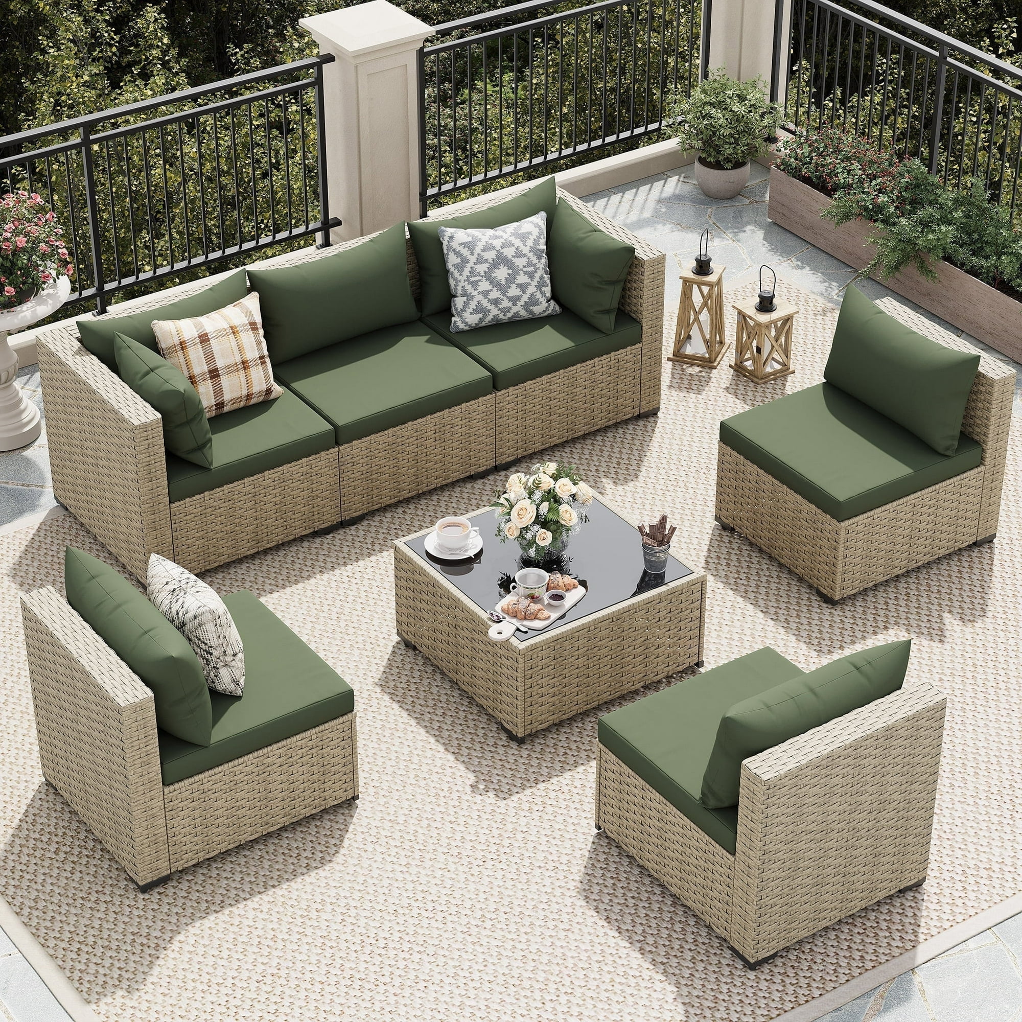 UDPATIO Modular Rattan Outdoor Patio Furniture Set, Weather-Resistant Wicker Sectional Sofa with Cushions (Green, 5-Piece Set) 1kutj