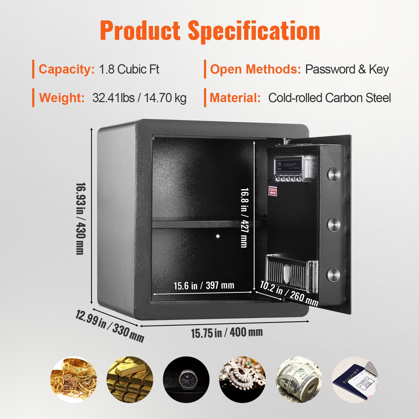 VEVOR Security Safe Box with Digital Electronic Lock and LED Light (Gold, 1.8 Cubic Feet) 3l5c3