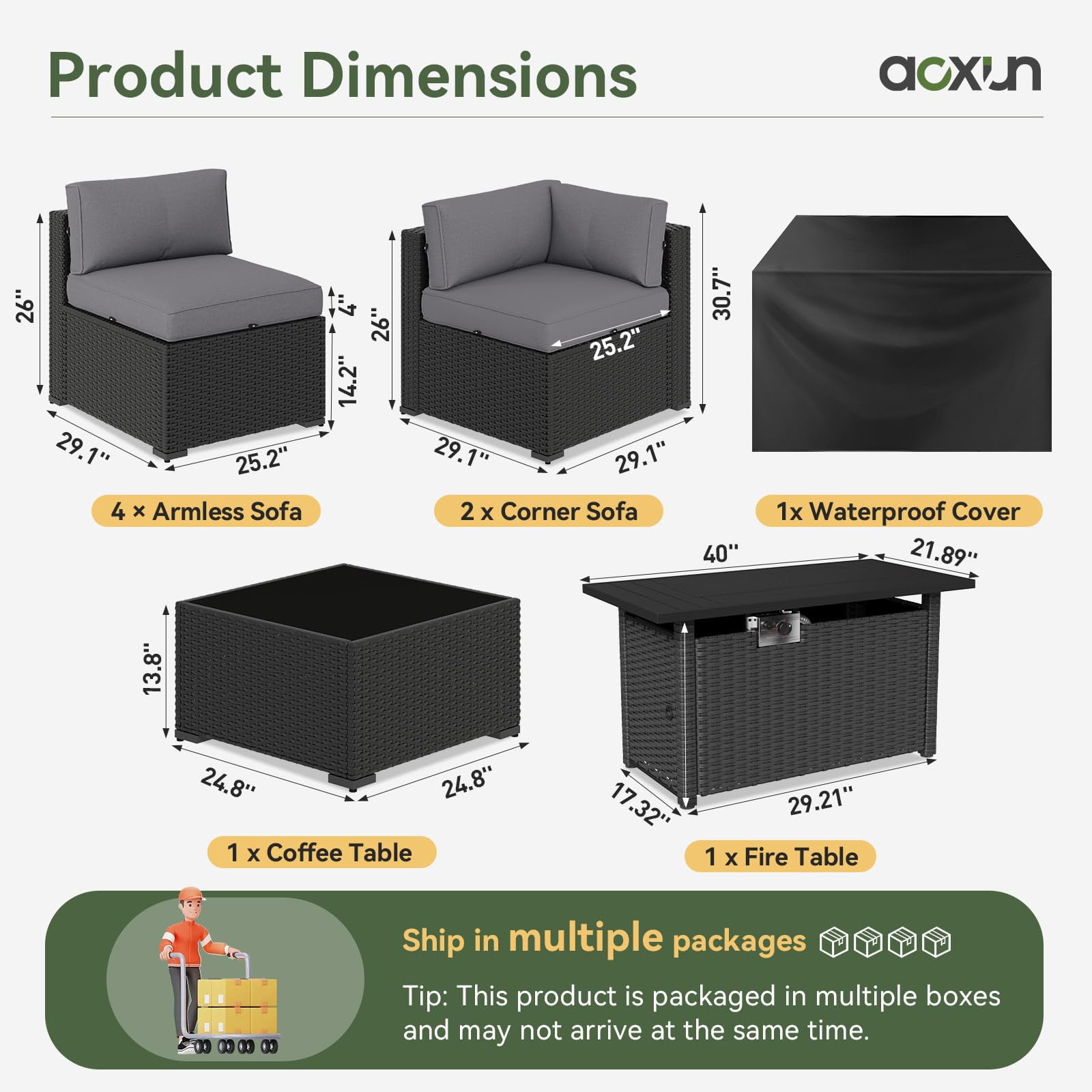 Aoxun 8-Piece Patio Furniture Set with 44 in Fire Pit Table, Wicker Rattan Sectional Sofa with Thickened Cushions (Grey) axdik