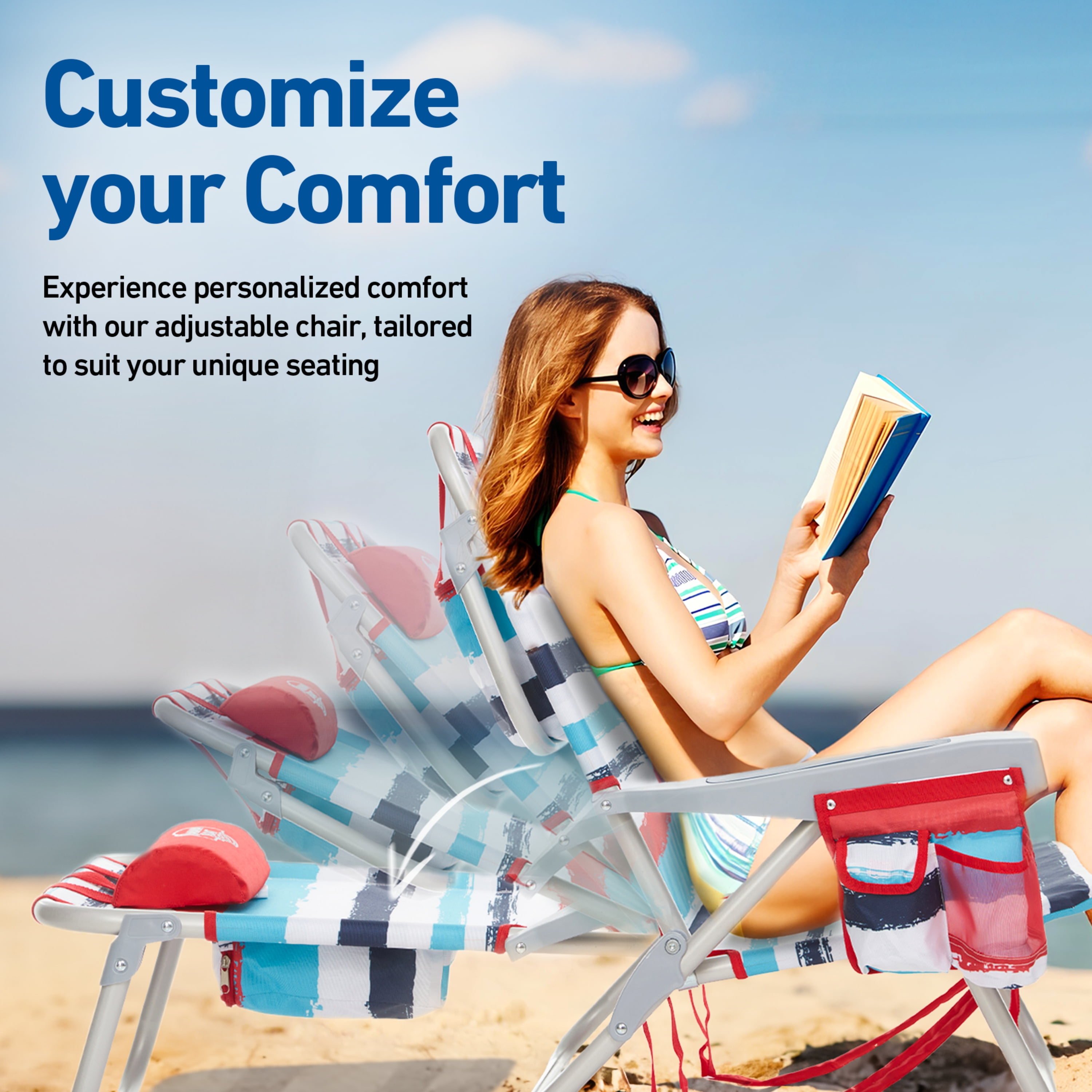Banana Boat Backpack Beach Chair, Lightweight Aluminum Folding Chair with 5-Position Recline, Headrest, and Insulated Pocket (Red, 2 Pack) auy7n