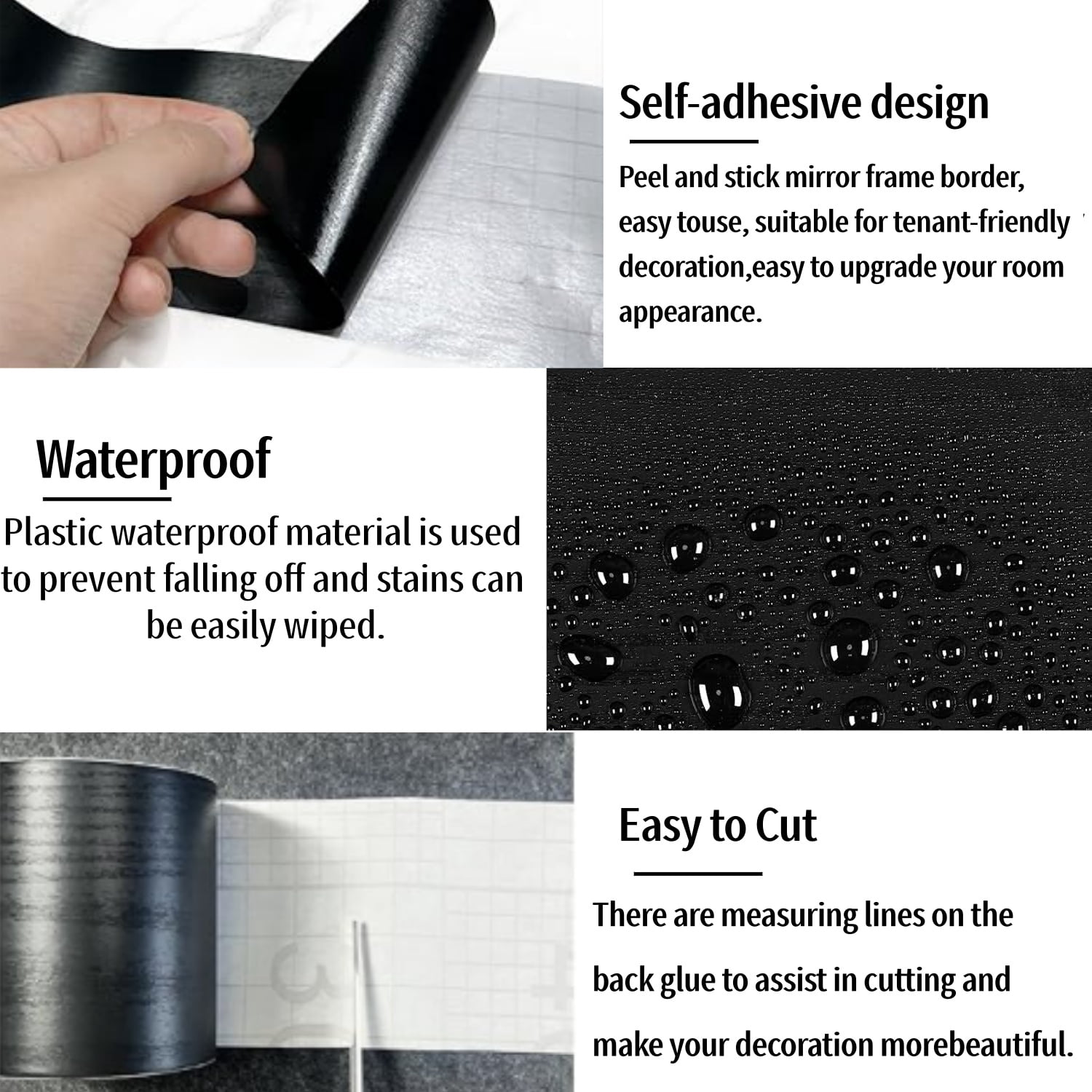 Manss Peel and Stick Wood Grain Border, Waterproof Self-Adhesive Mirror Frame Trim (Black, 3.93 in x 32 ft) 96g95
