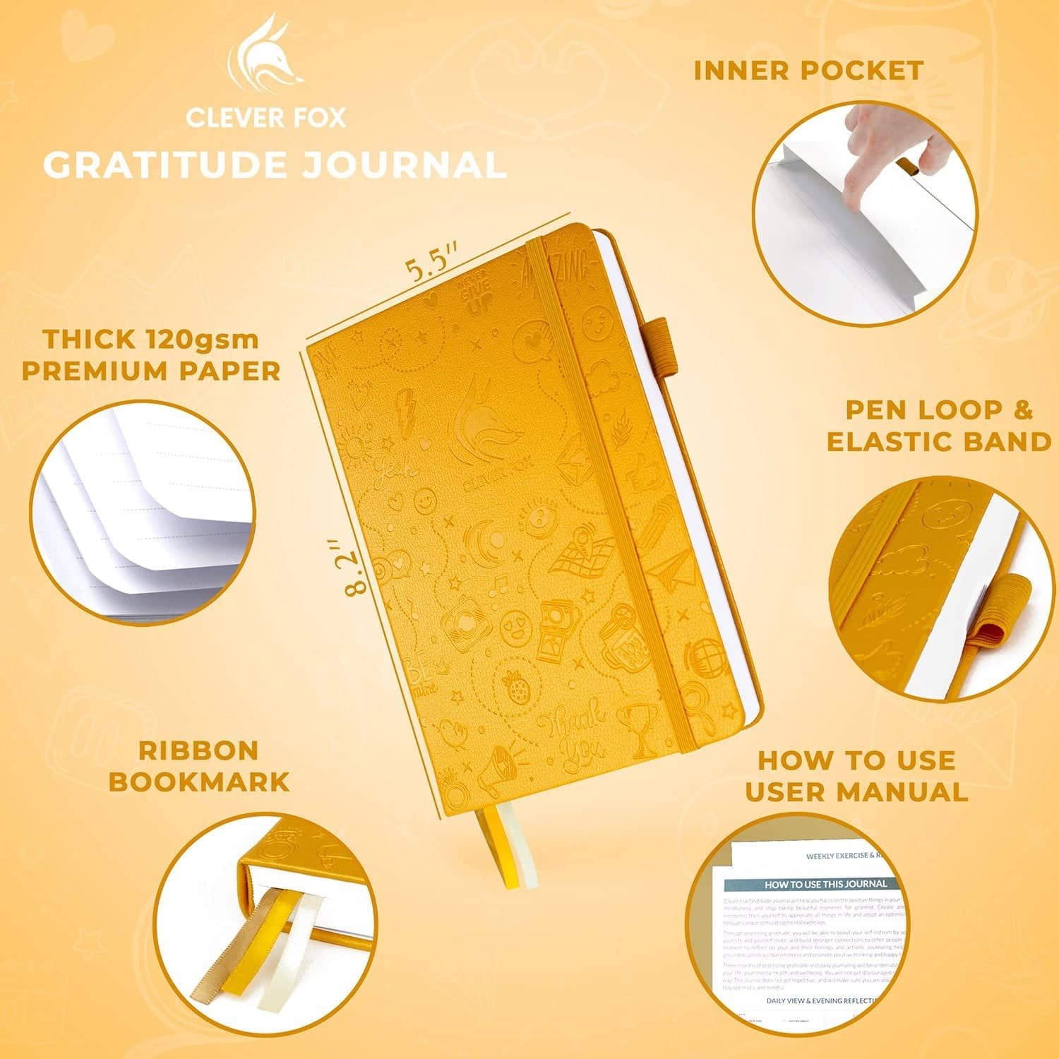 Clever Fox Gratitude Journal, Daily Mindfulness Planner for Self-Discovery and Wellness (Yellow, 5.8 in x 8.3 in) eafhp