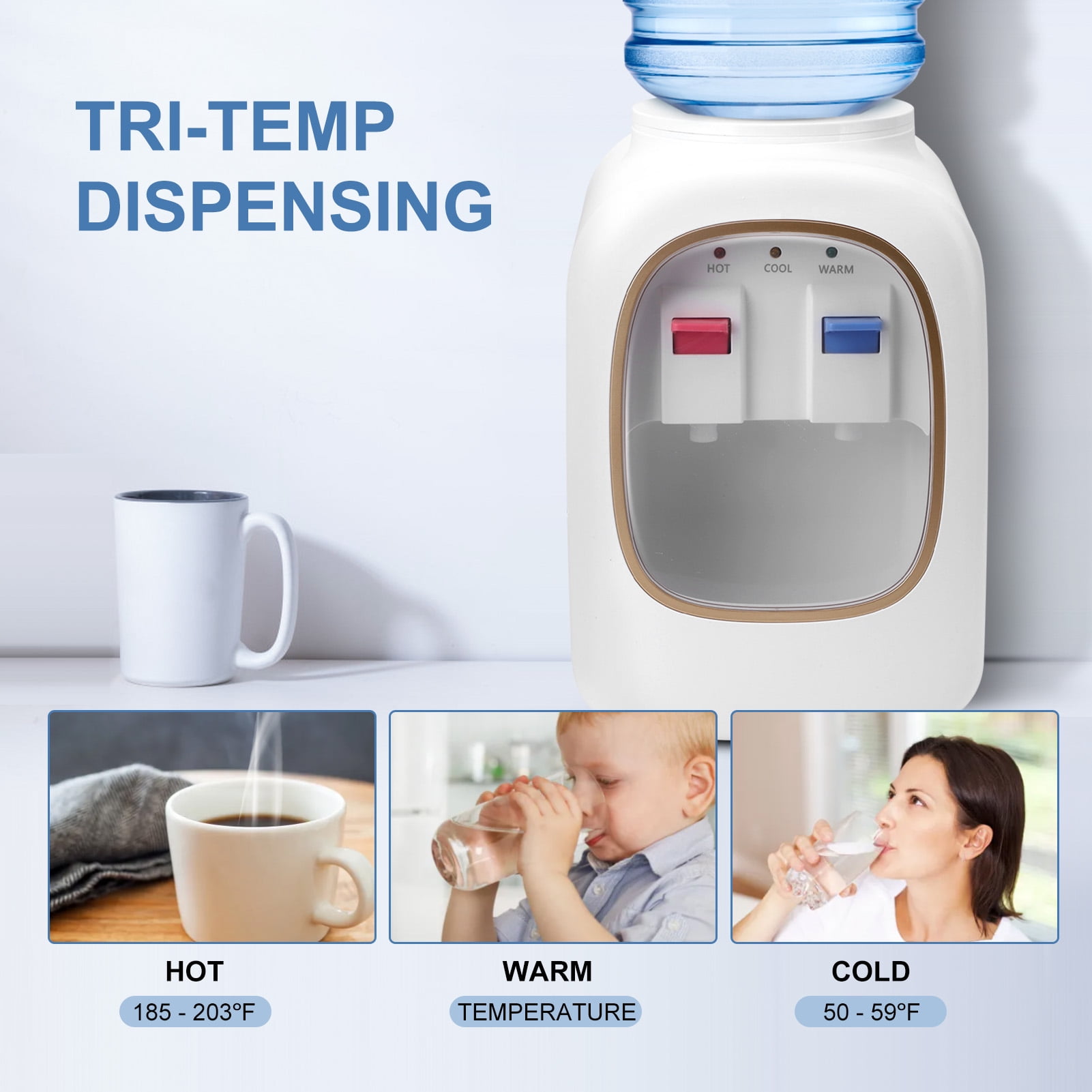 Fyydes Countertop Water Cooler Dispenser, 3-Temperature Settings, Top Loading for 3 & 5 Gallon Jugs (White) nqigm
