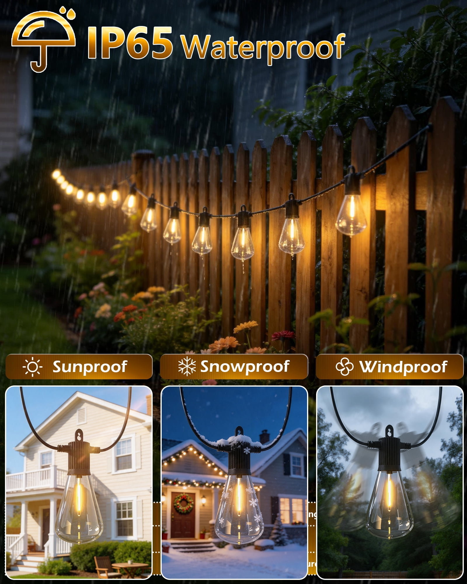 Beatineon LED Outdoor String Lights, Waterproof Patio Hanging Lights with 52 Edison Bulbs (100 ft) 3y80r