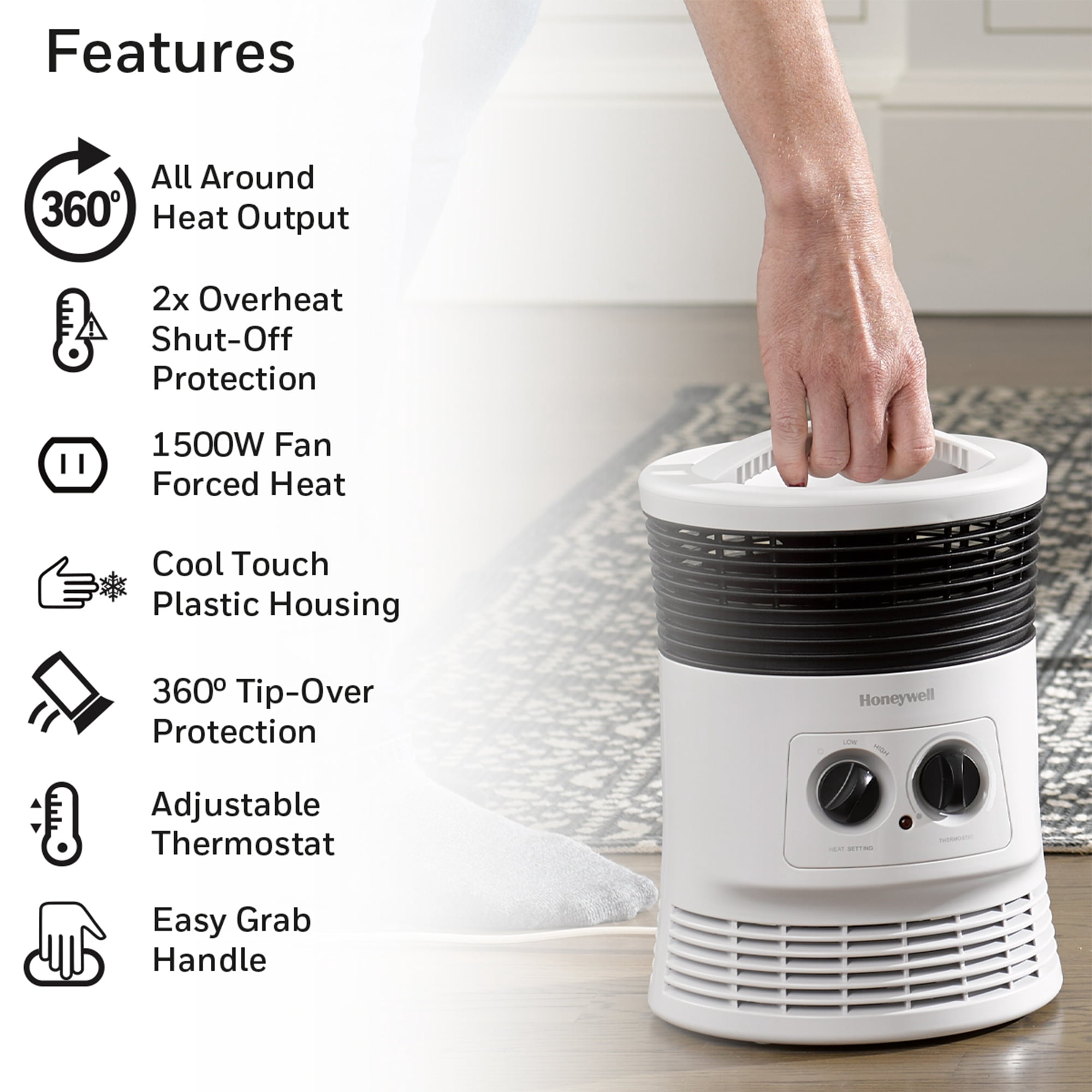 Honeywell 360 Surround Electric Space Heater, Portable Indoor Room Heater with Adjustable Thermostat (White, 1 Unit) hsklq